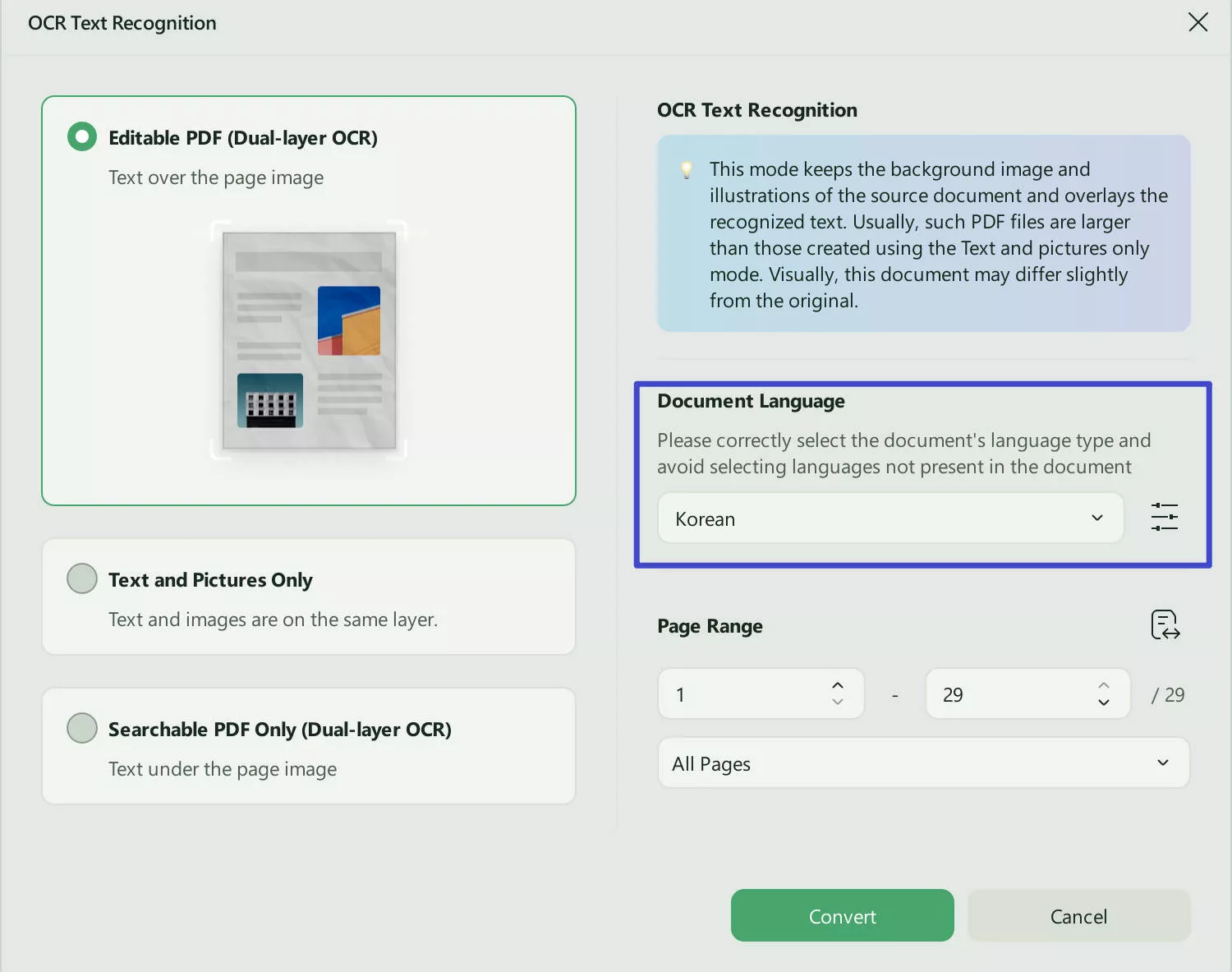 ocr settings to convert scanned pdf to editable pdf