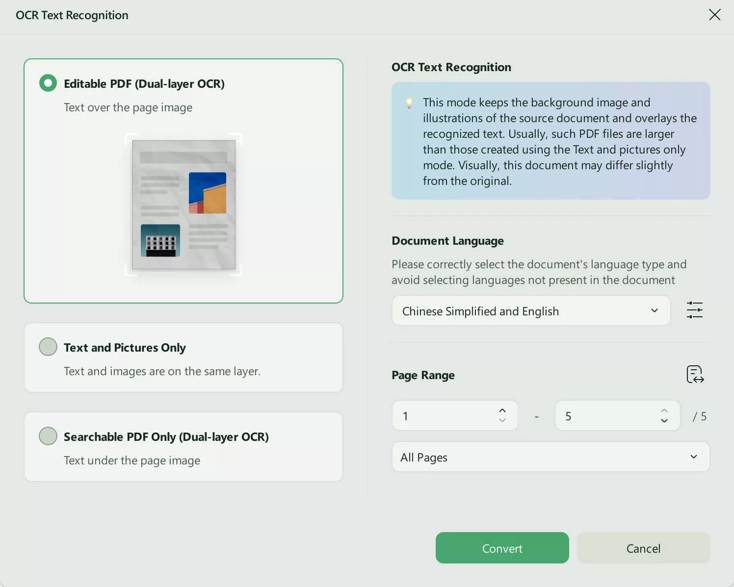 scan to editable pdf with setting layout