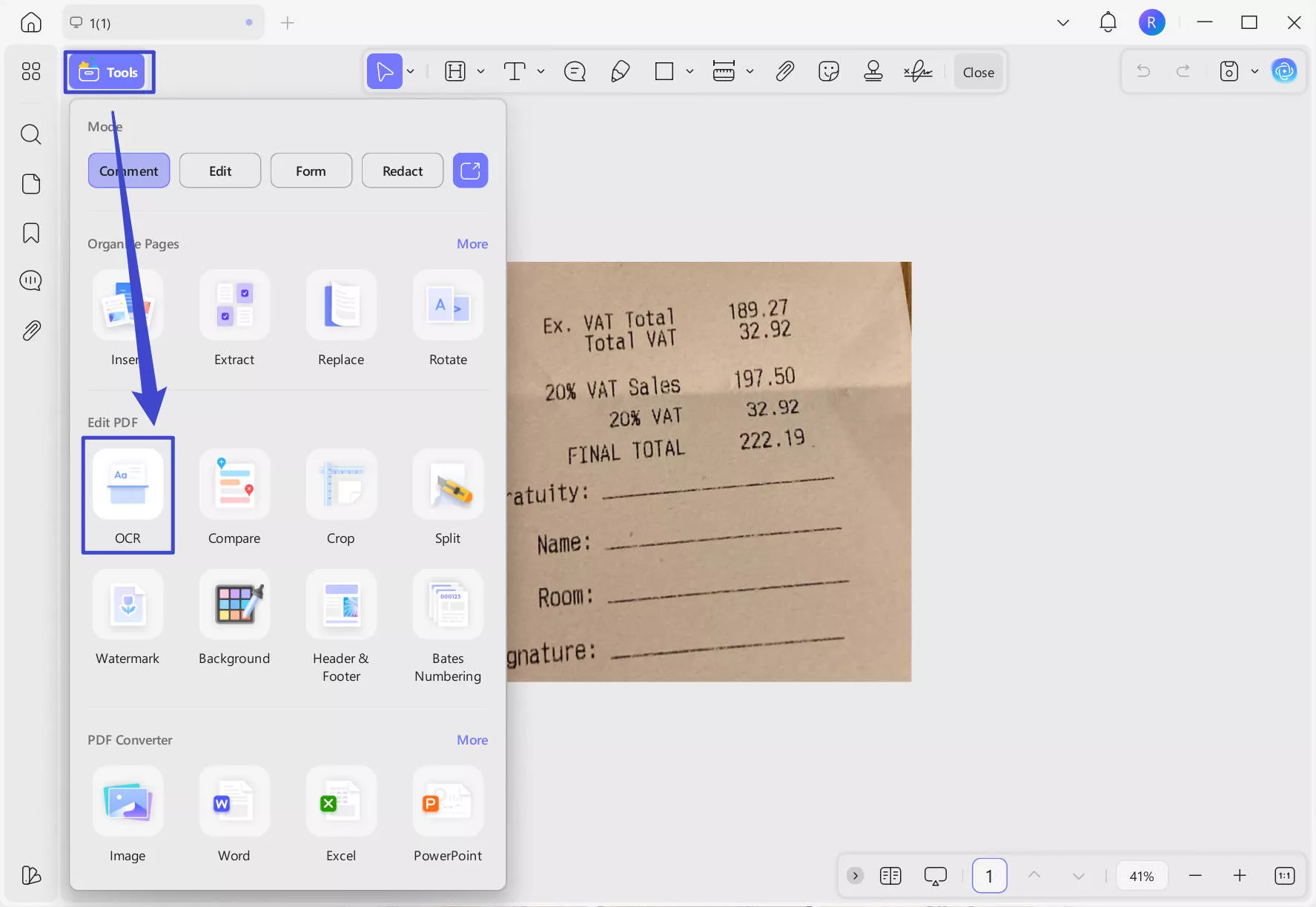 OCR receipt with updf windows