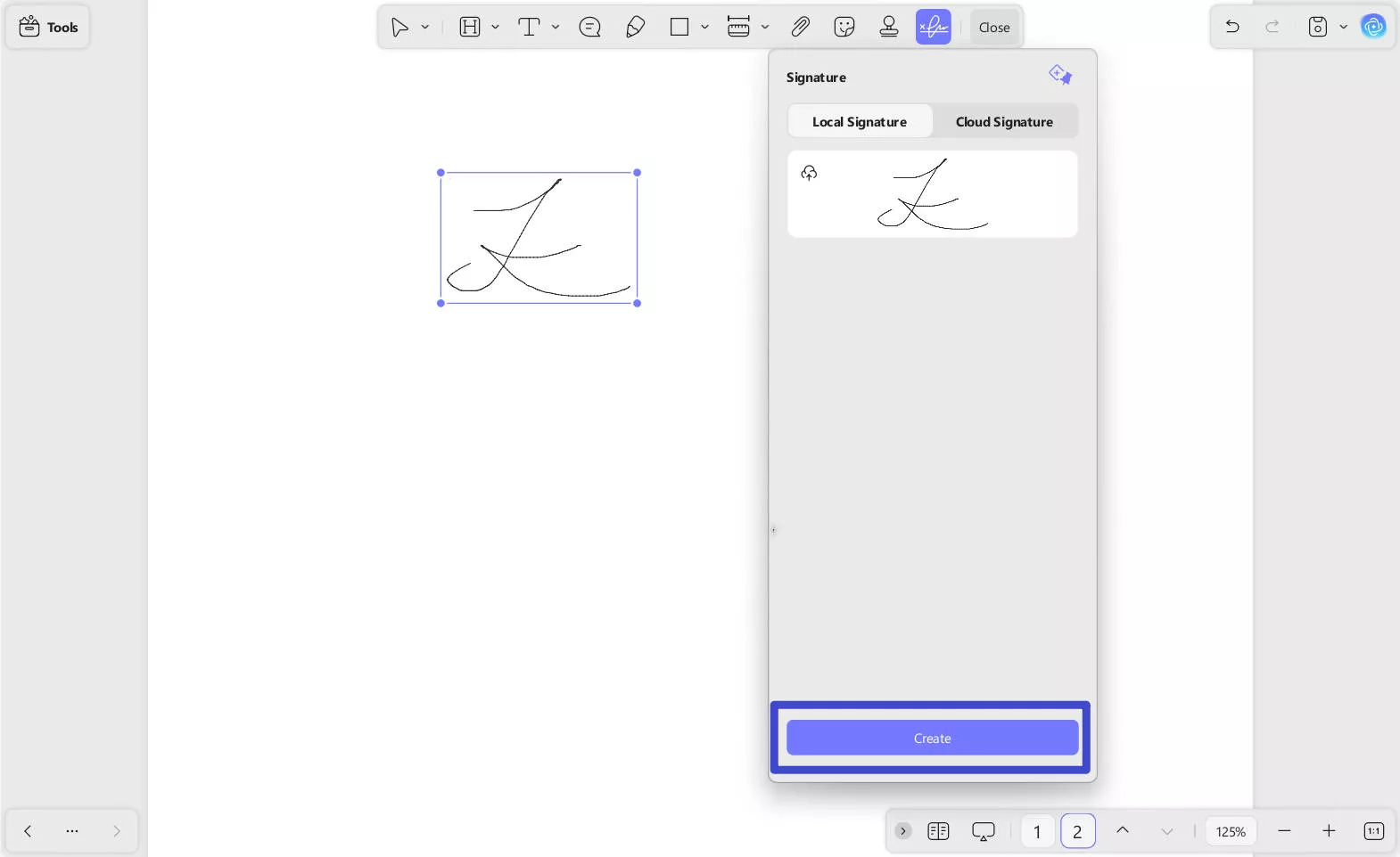 create signature in updf