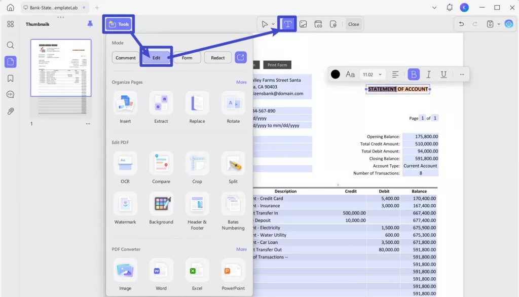go to edit text in updf
