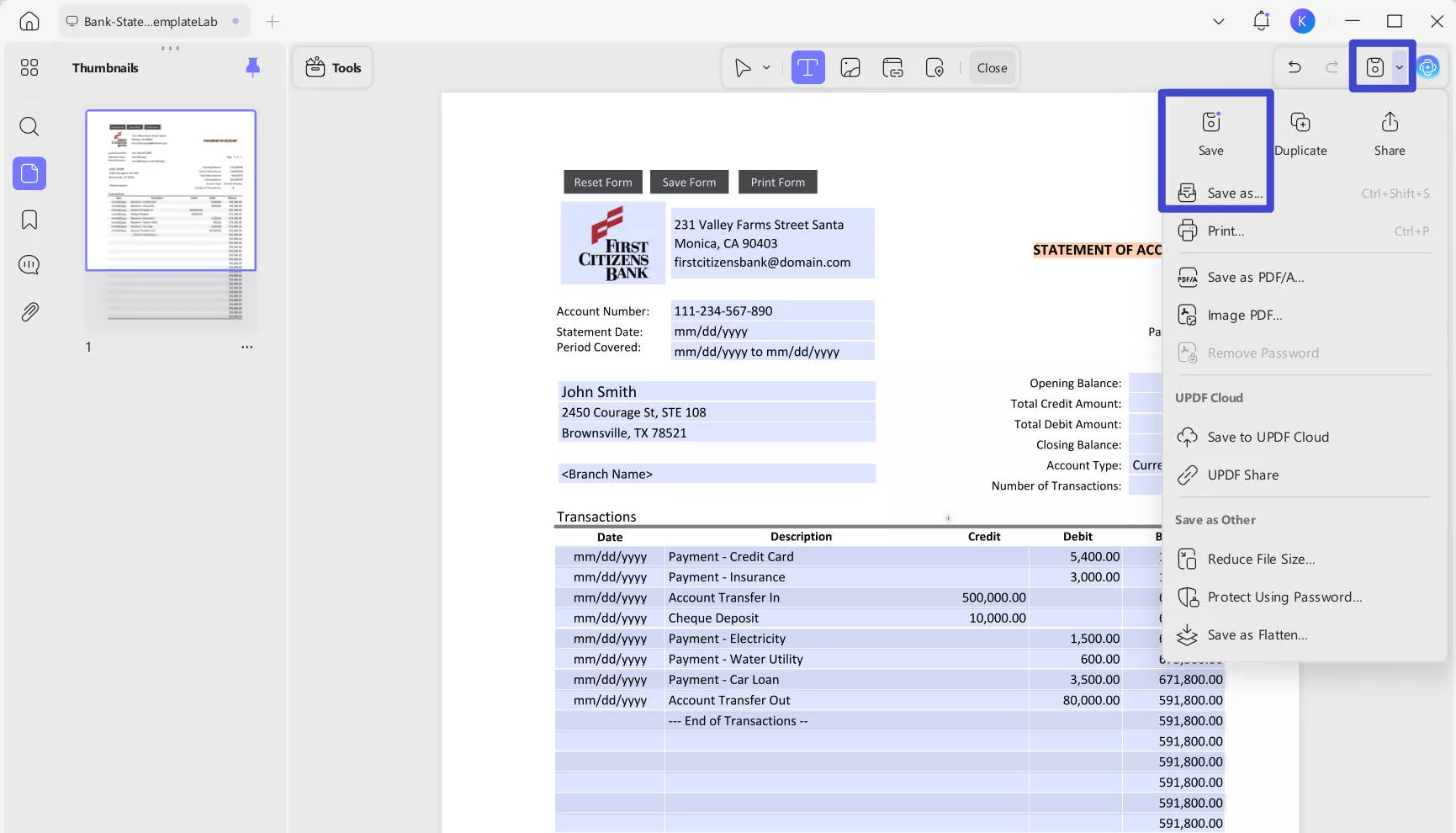 save the edited bank statement