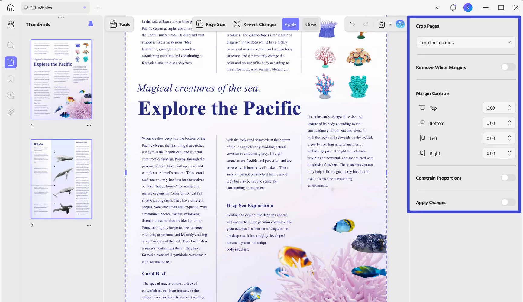 crop pages options in updf