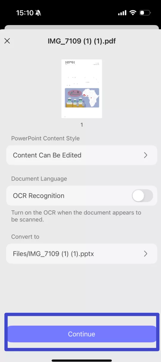 Adjust the settings according to your need, then hit "Continue" to convert the file.