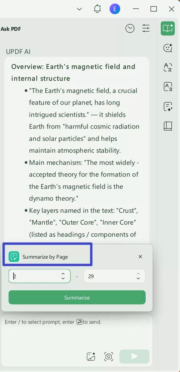 updf summarize pdf by page