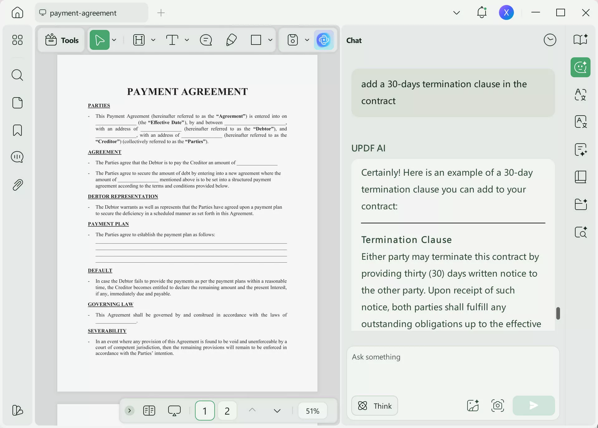 add a clause in contract with updf ai