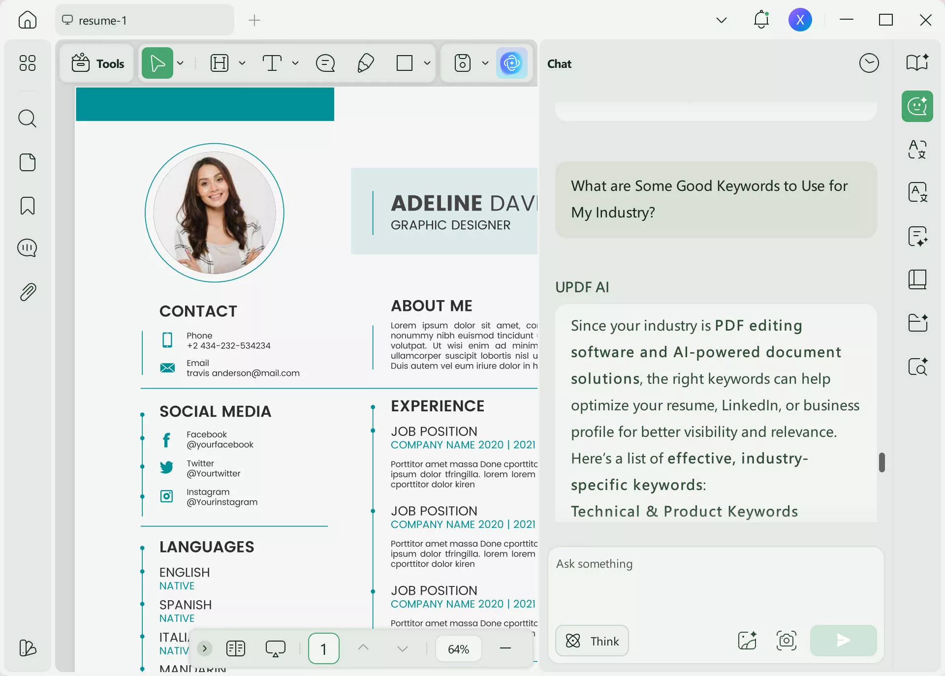 ai resume builder updf chat mode keywords