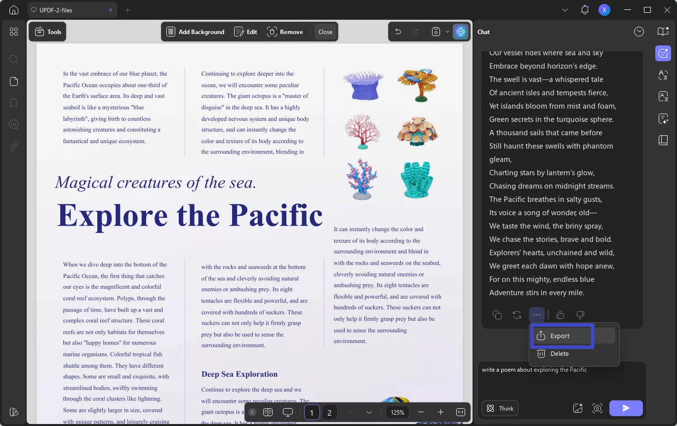 copy, regenerate and export poem in updf ai