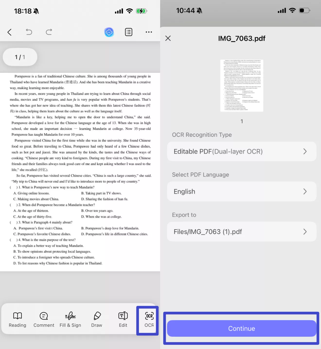 Click "OCR" at the bottom, adjust the settings according to your need, after that, click "Continue"