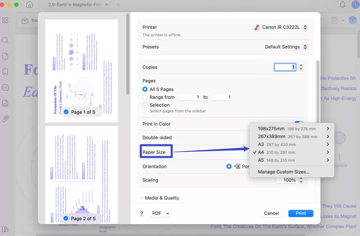 paper size updf on mac