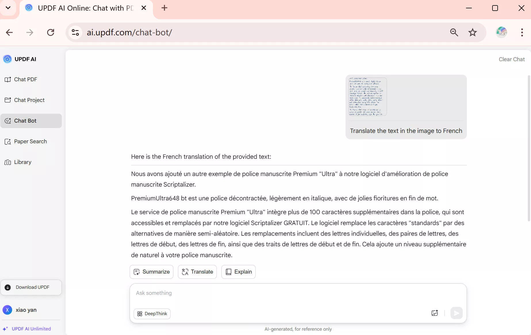 Enter the prompt to translate the text in the image to french with updf online ai