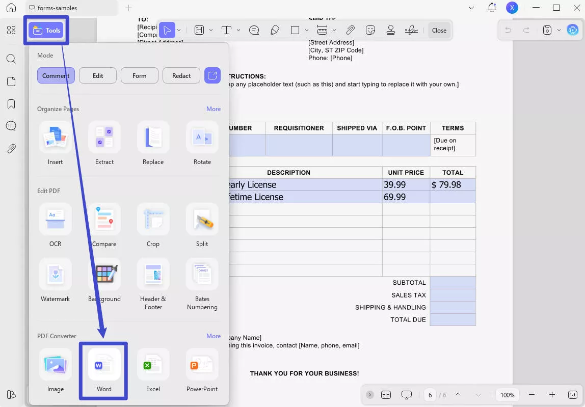 character count pdf export to word