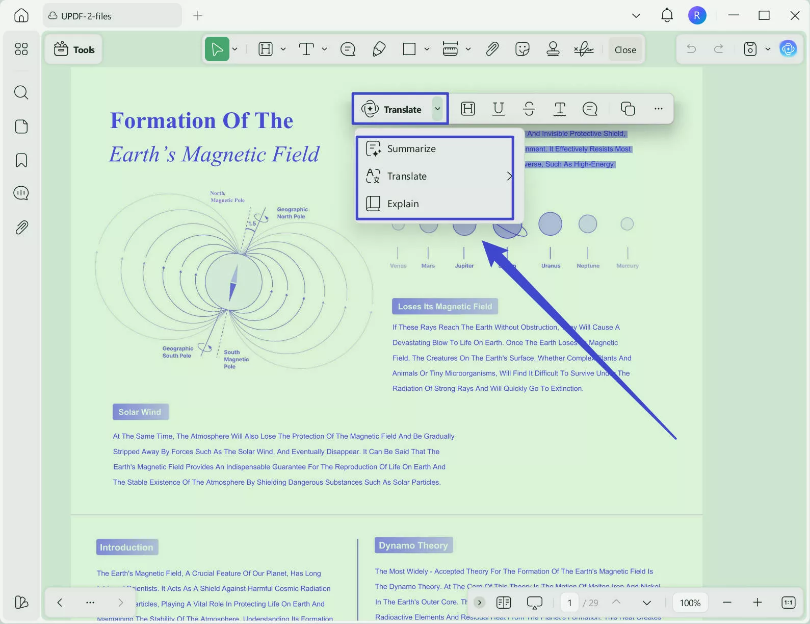 select to translate, summarize, explain updf windows