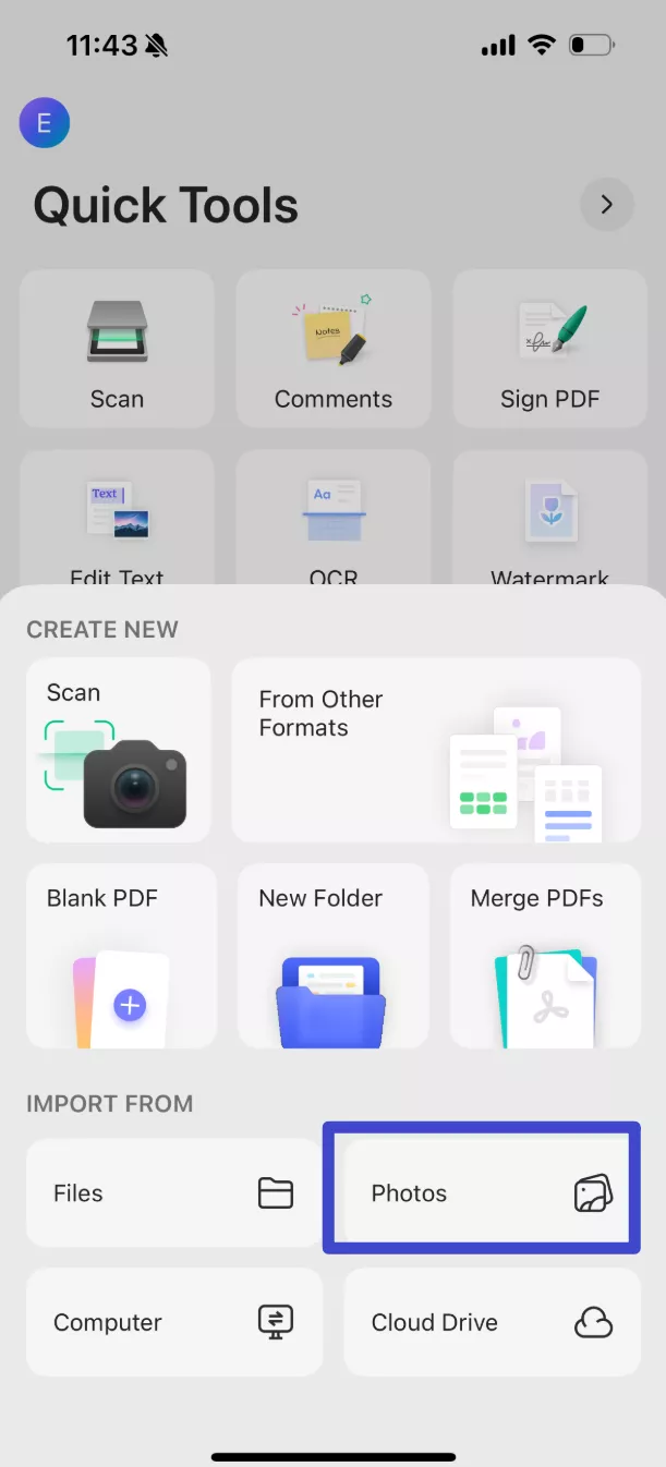  Tap “Photos” and upload the image you want to OCR.
