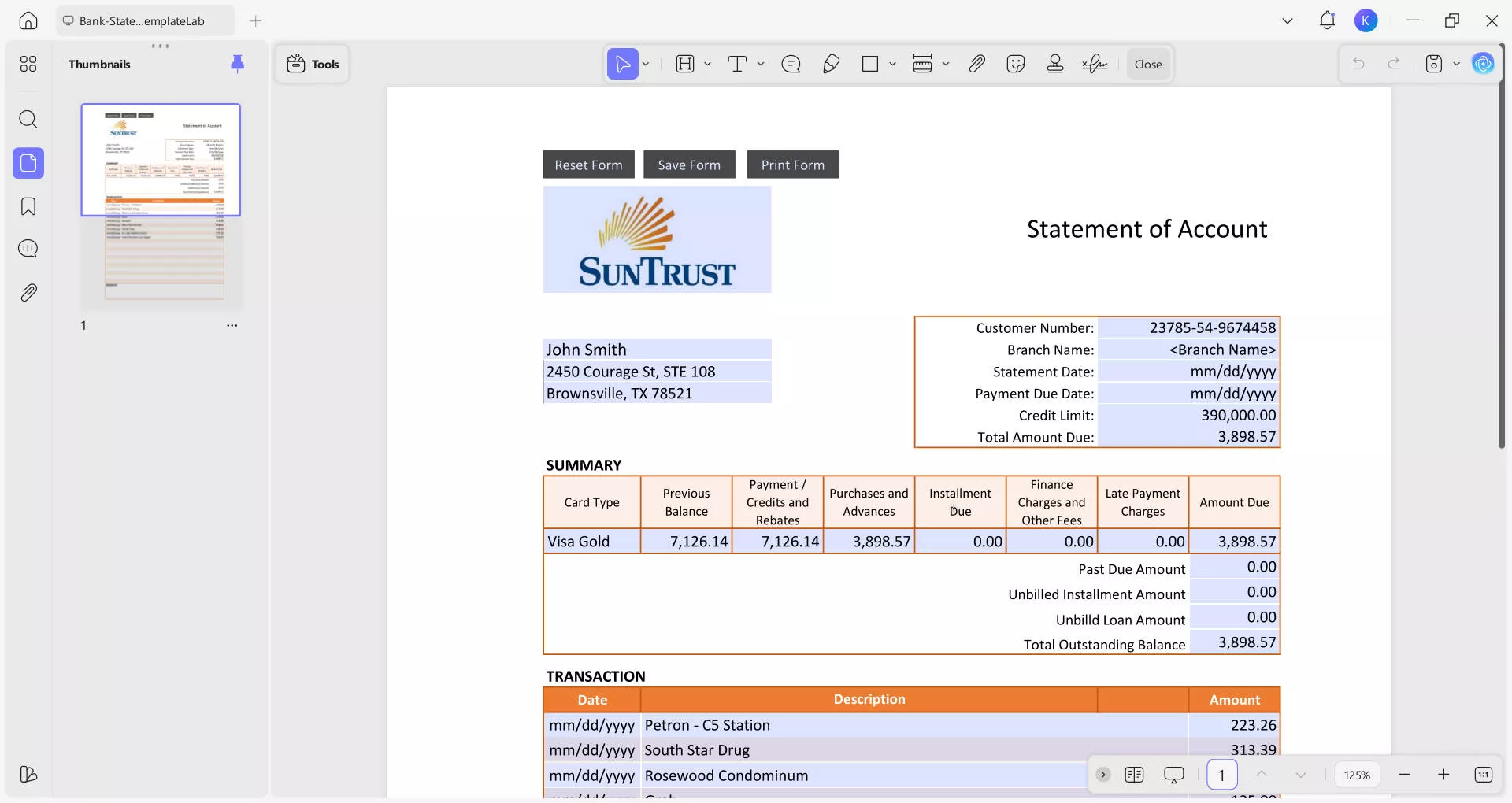 open bank statement template in updf