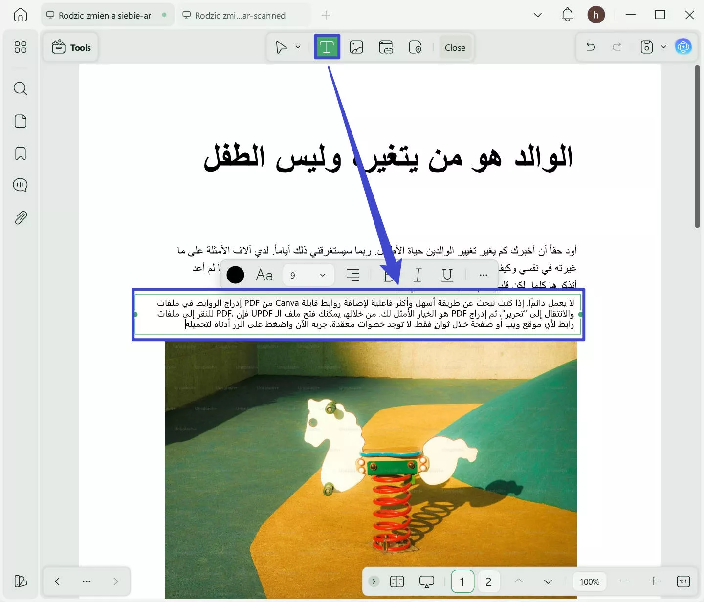 add arabic text to pdf updf windows