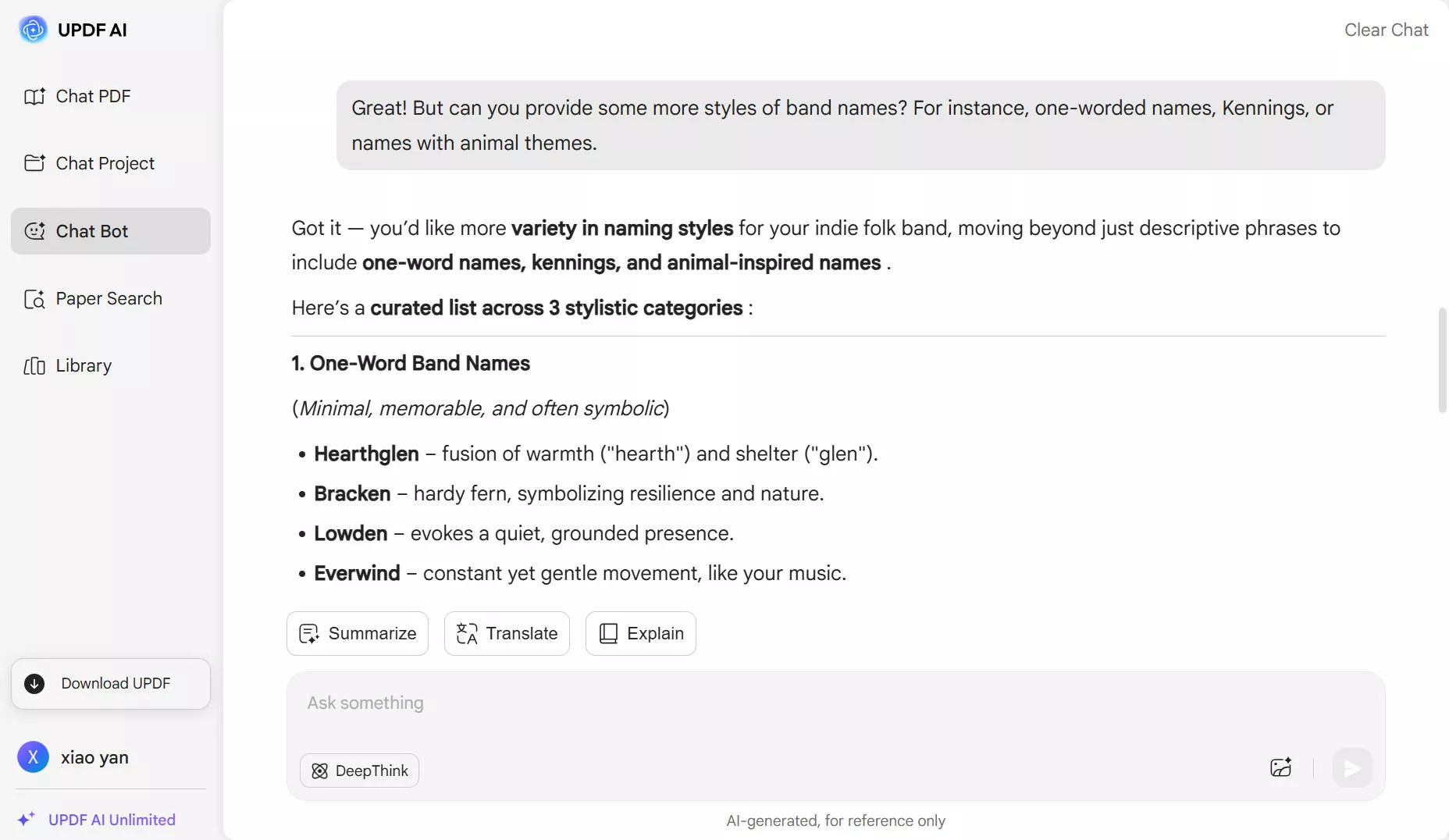 ai band name generator ask updf ai for more band name styles