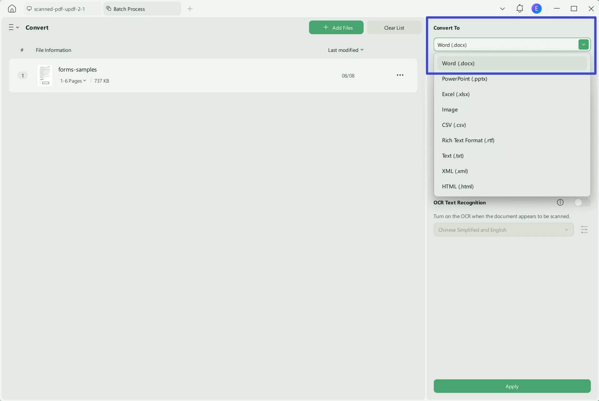 PDF to Word batch output format