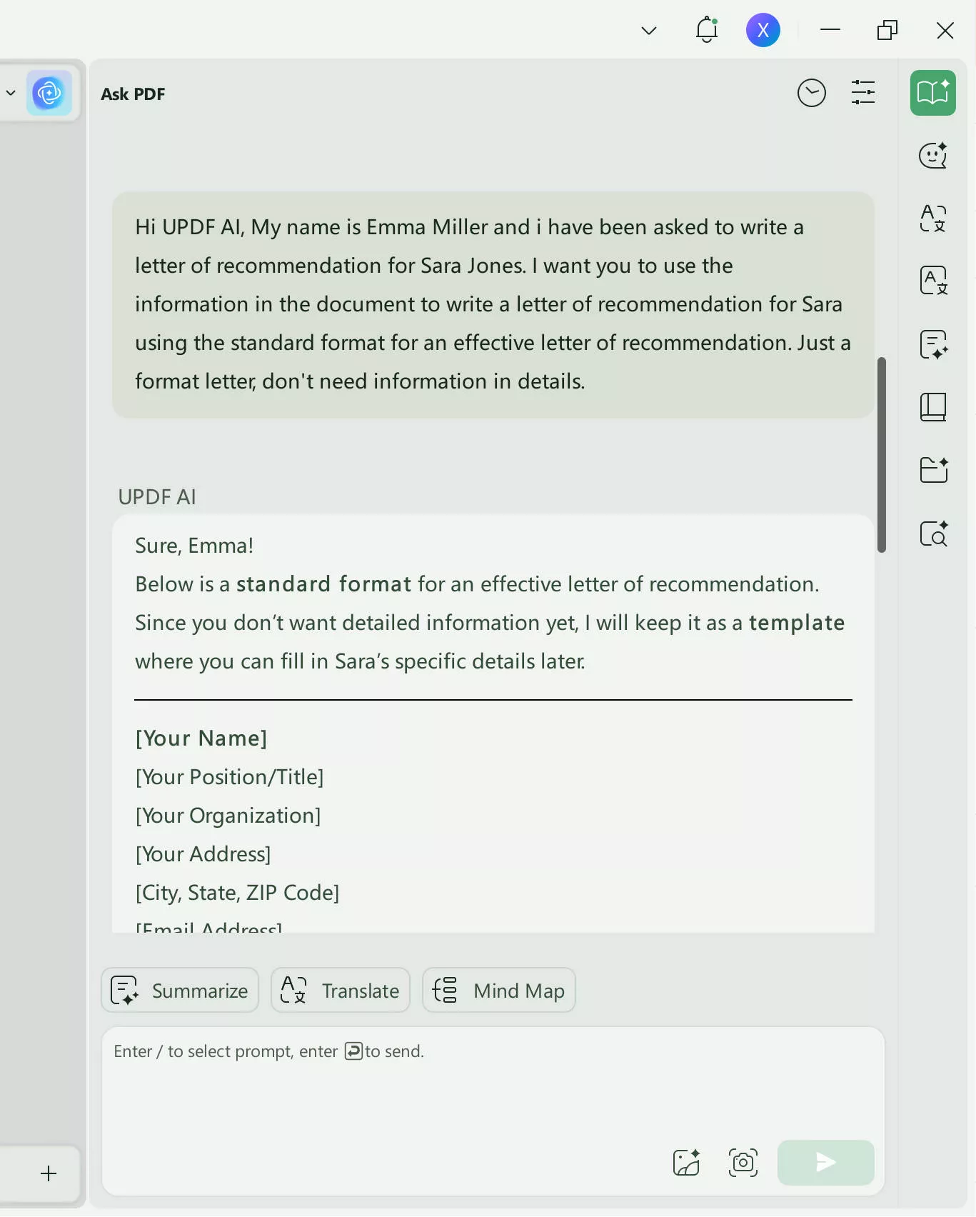 AI letter of recommendation generator Prompt UPDF AI to write the letter