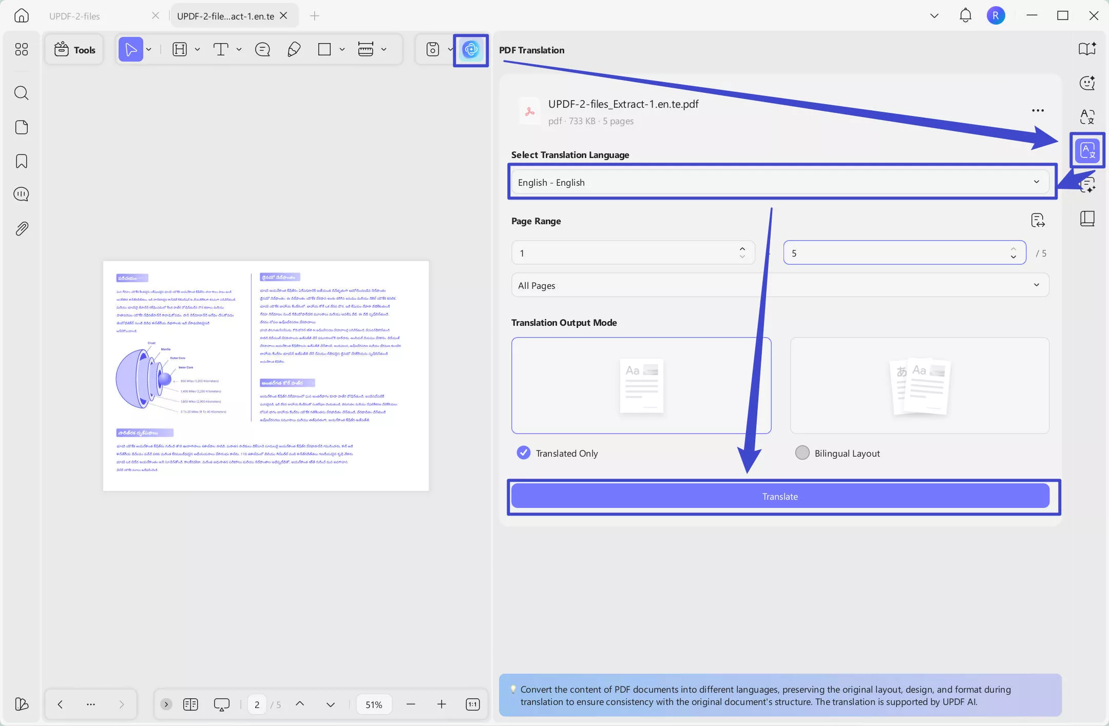 Translate the whole telugu PDF to english with UPDF on Windows