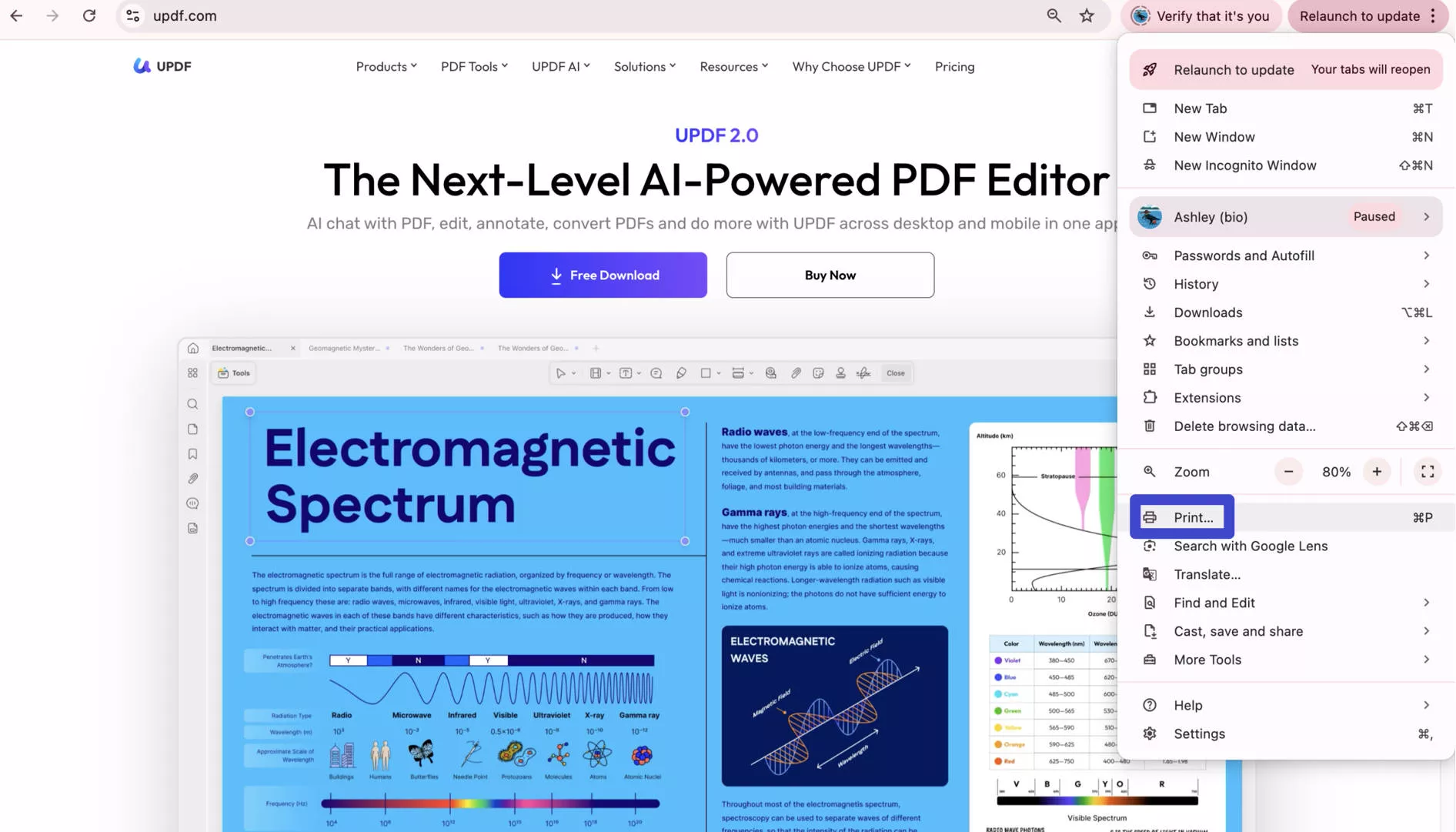 use the print feature in browser