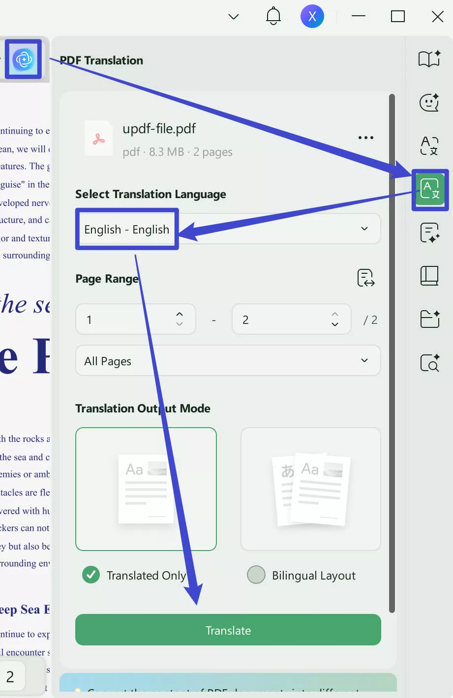 Translate the hebrew PDF to English with UPDF on Windows