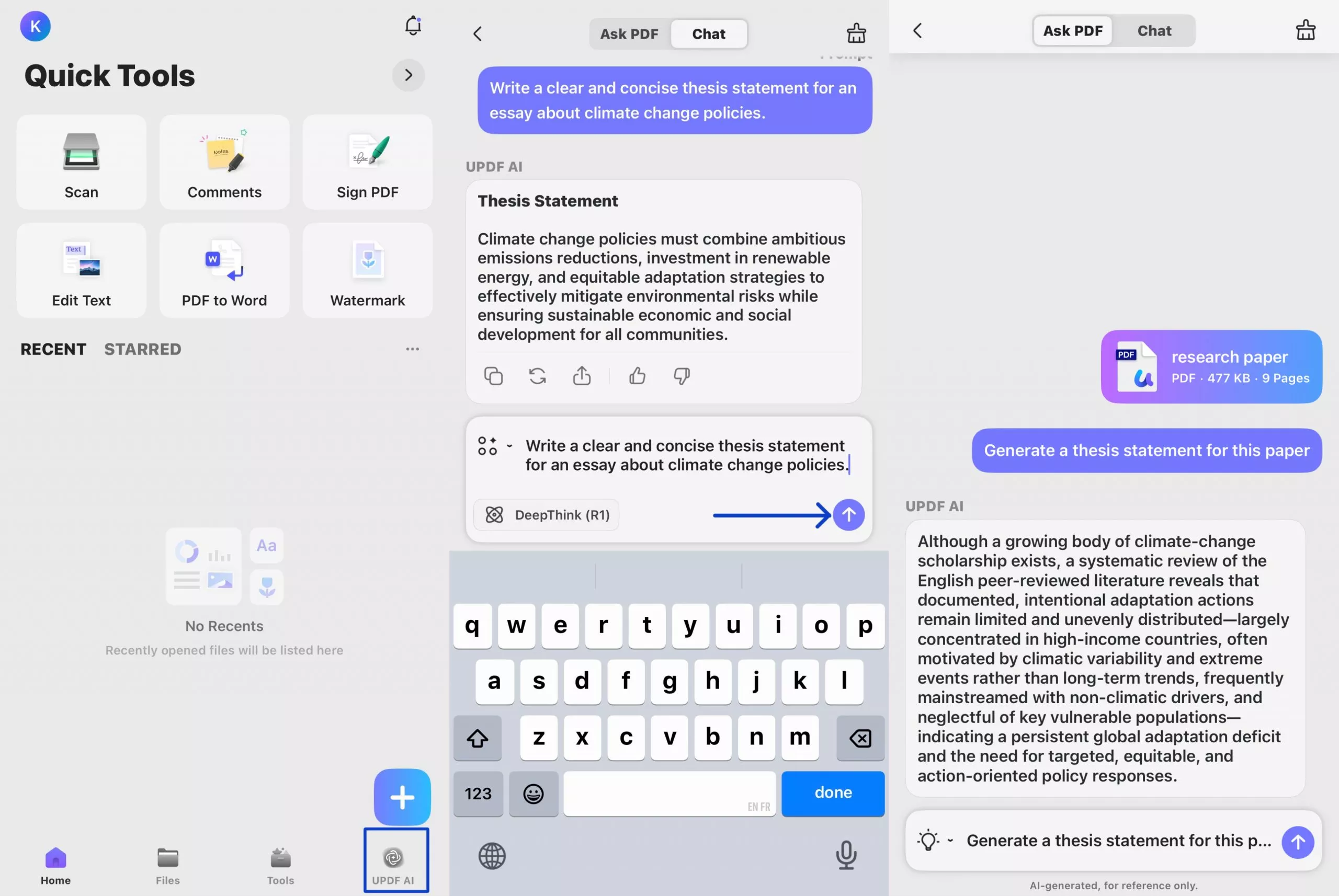 access the updf ai feature on your phone to generate thesis statement
