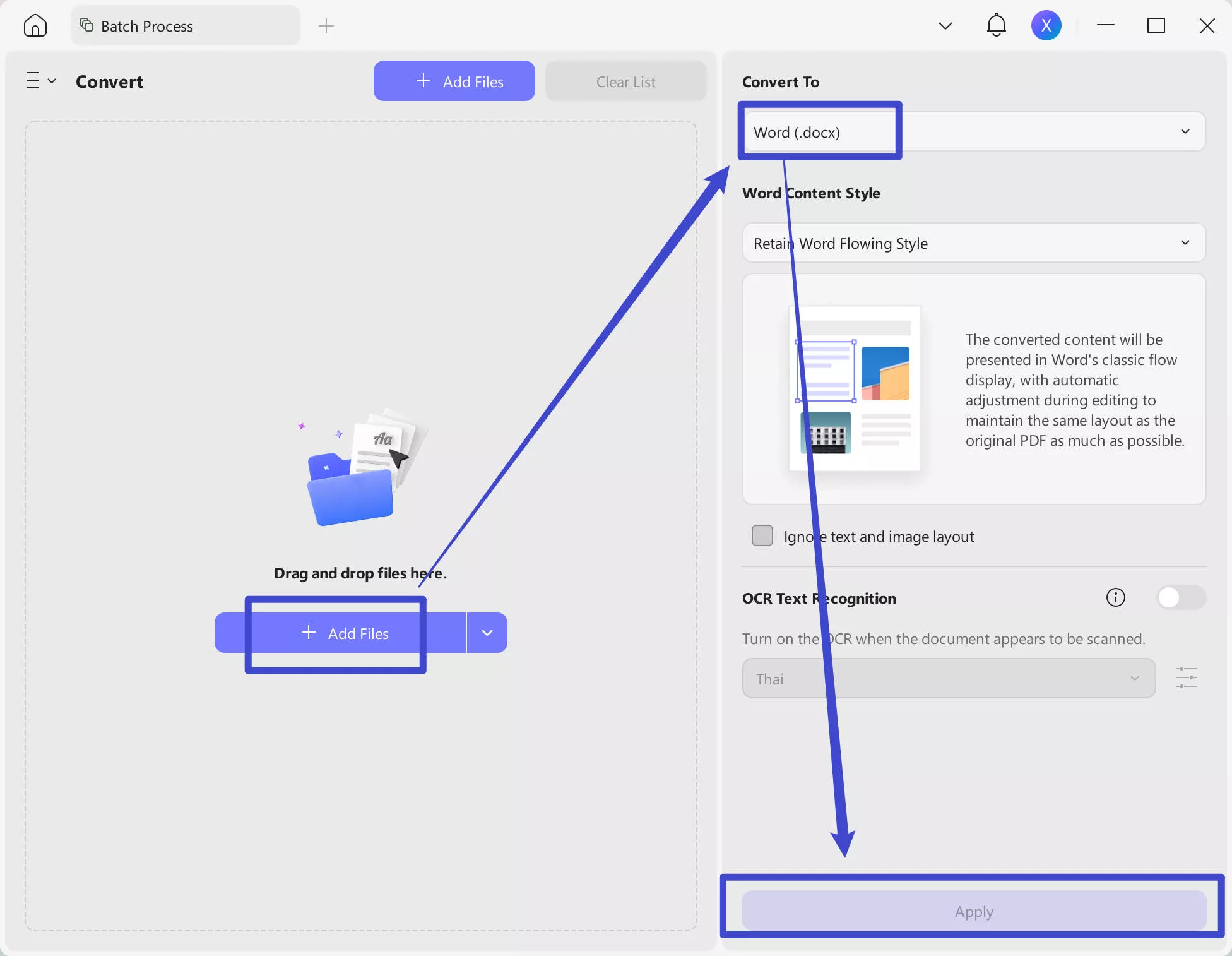 set output format and layout settings in UPDF