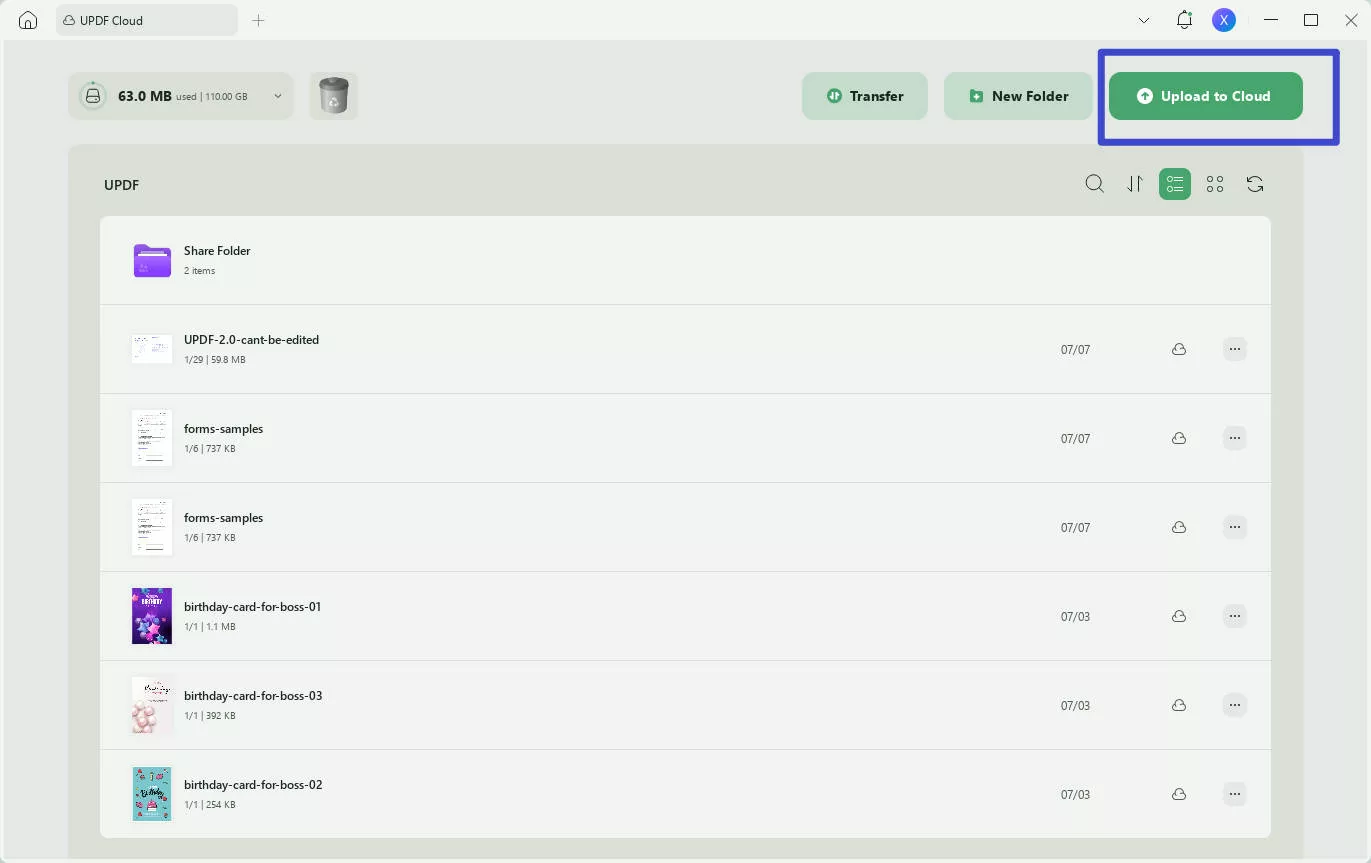 upload UPDF to UPDF Cloud
