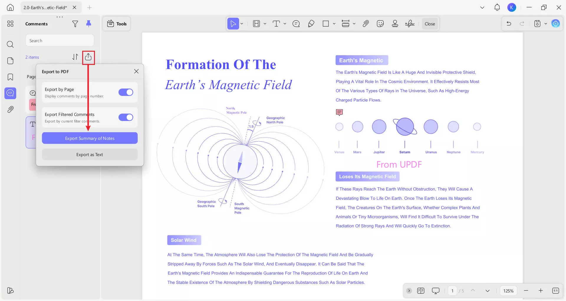 export comments in updf
