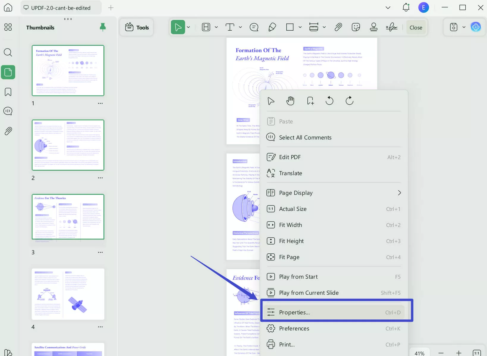 select the document properties option in updf