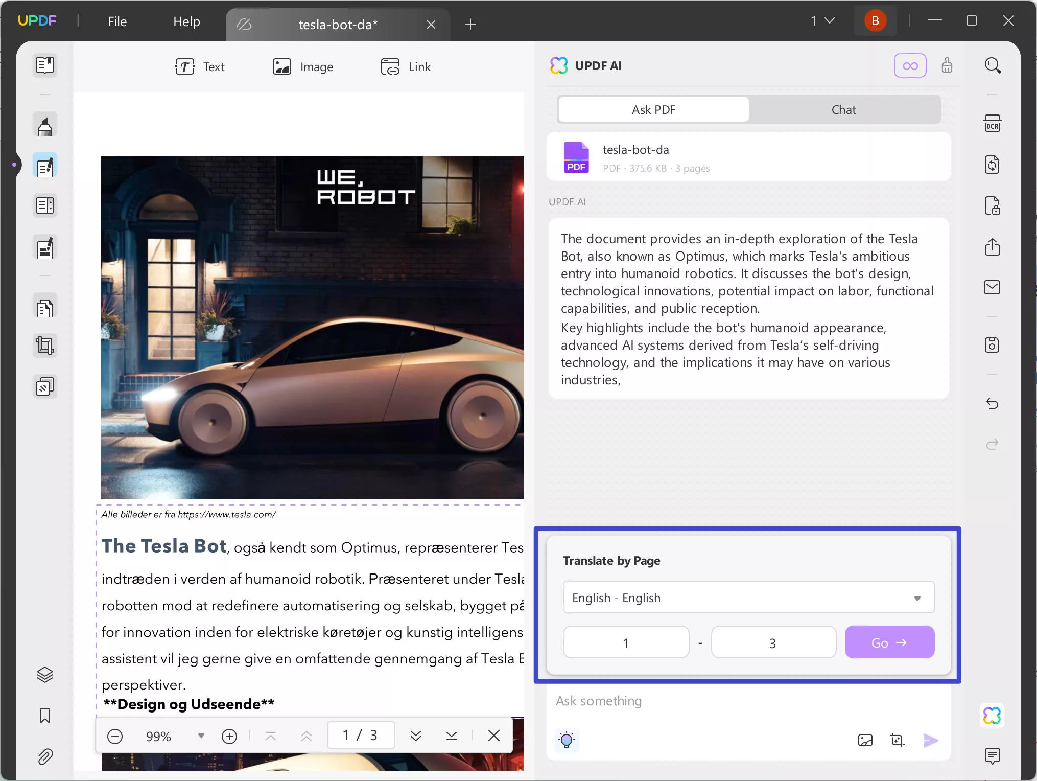 Translate the Entire PDF from Danish to English with Ask PDF Mode