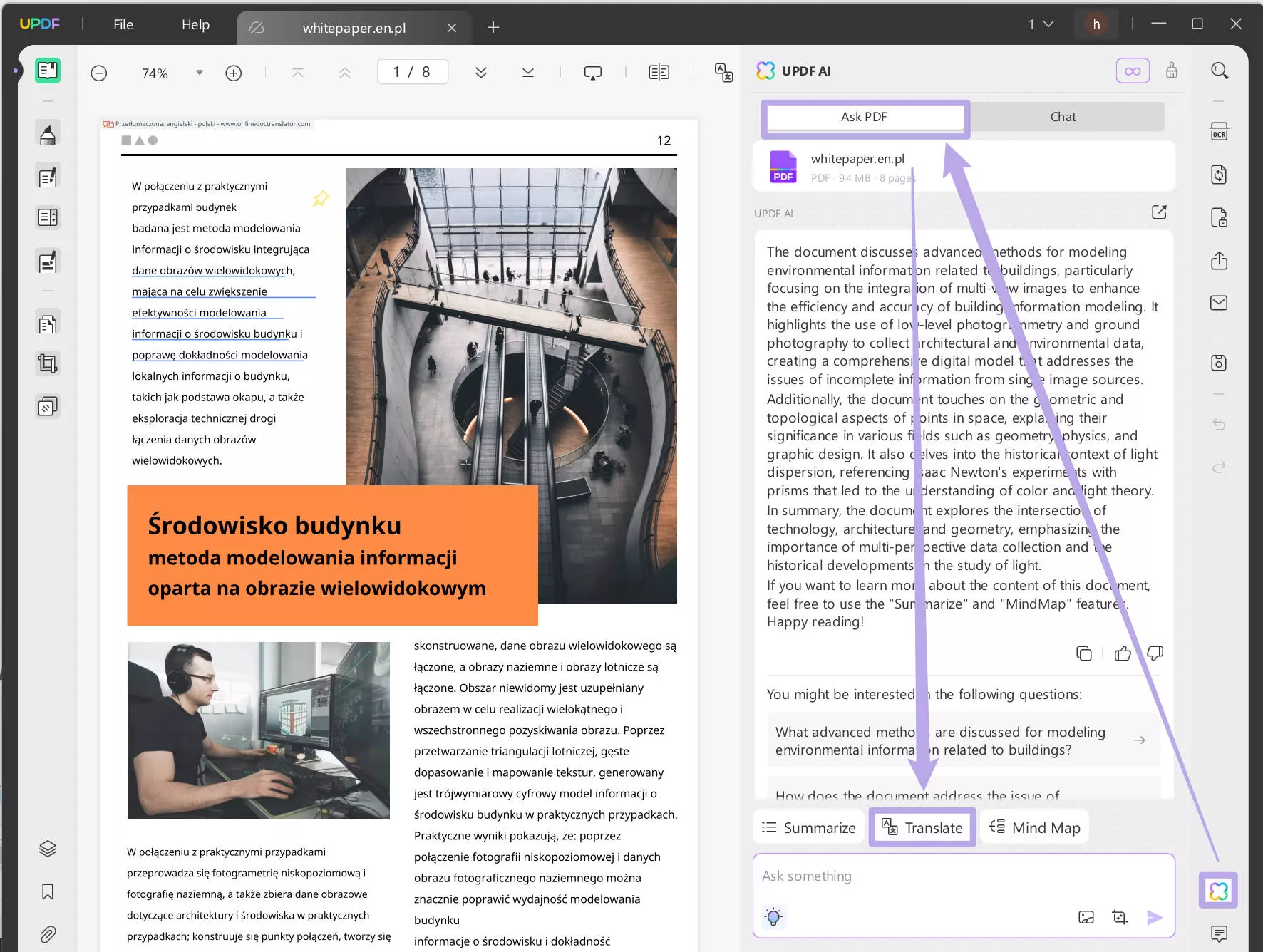 Translate polish PDF to english by pages with UPDF on Windows