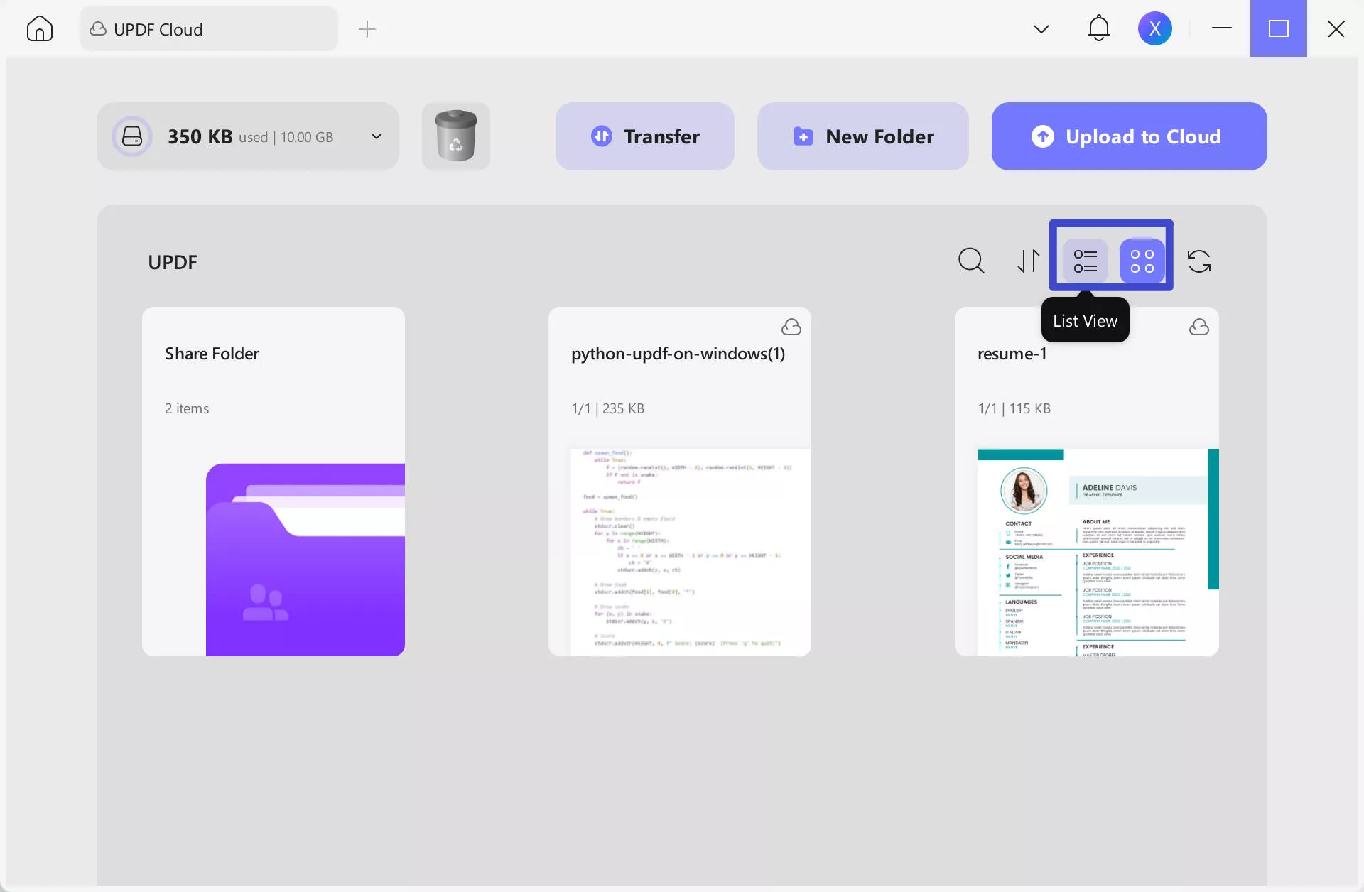 list and thumbnail view on updf cloud
