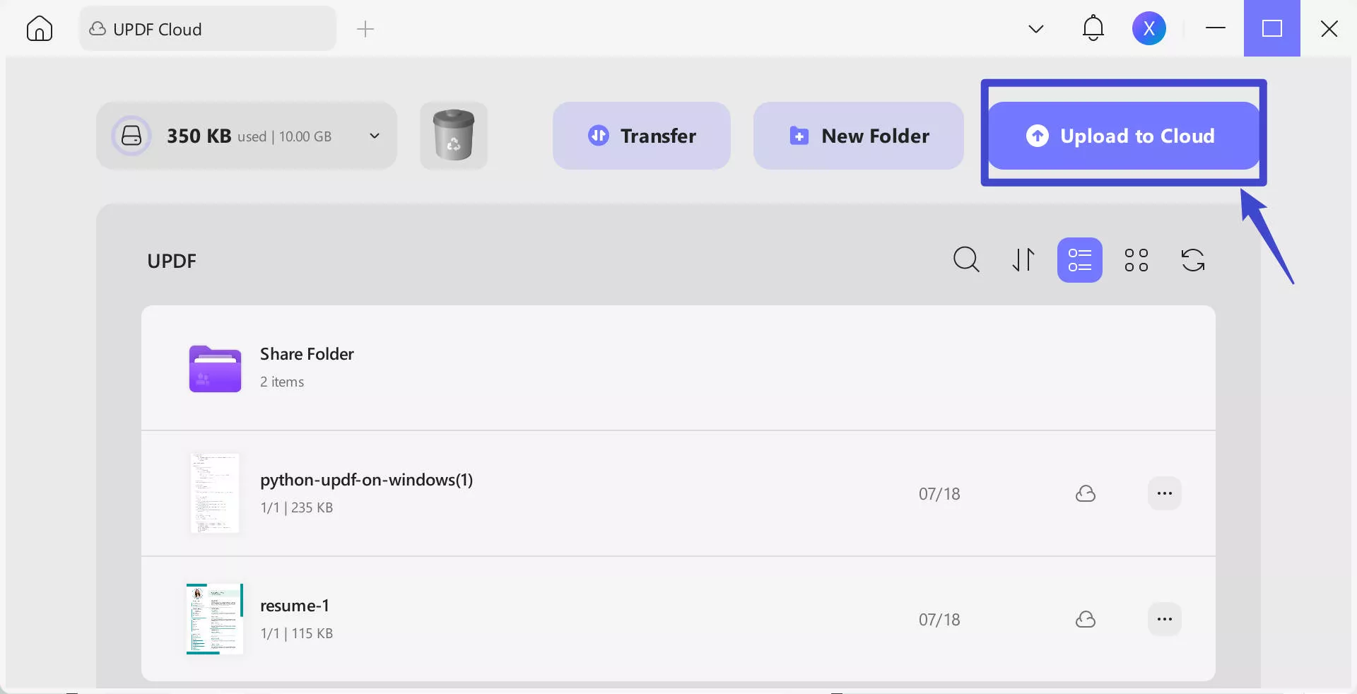 upload file to cloud via updf
