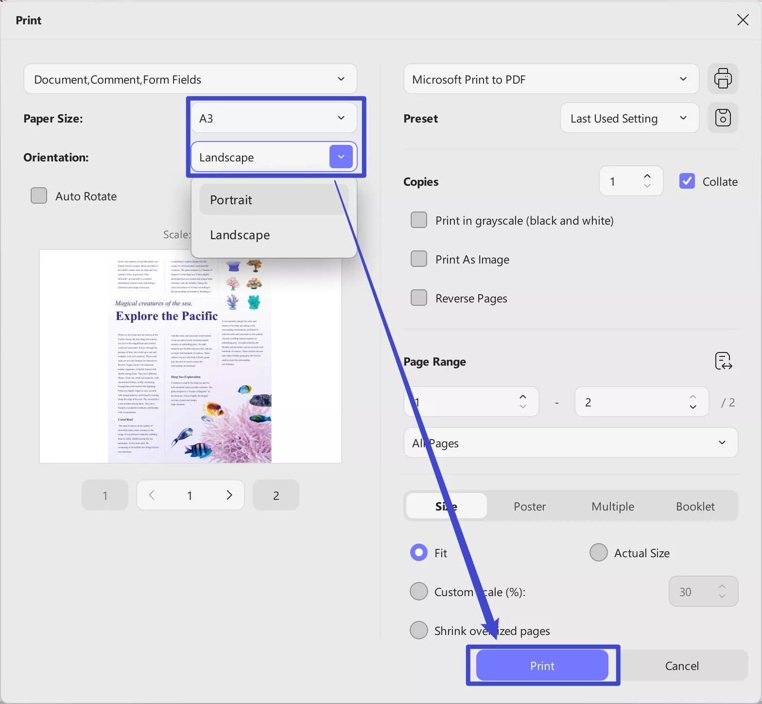 adjust printing parameters to a3 updf