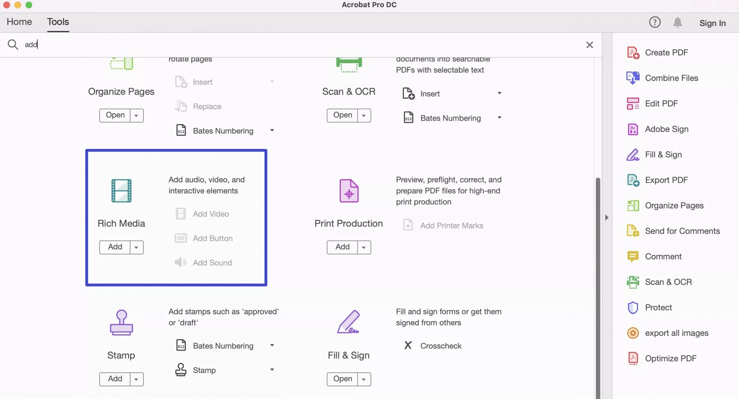 select add rich media button on adobe acrobat
