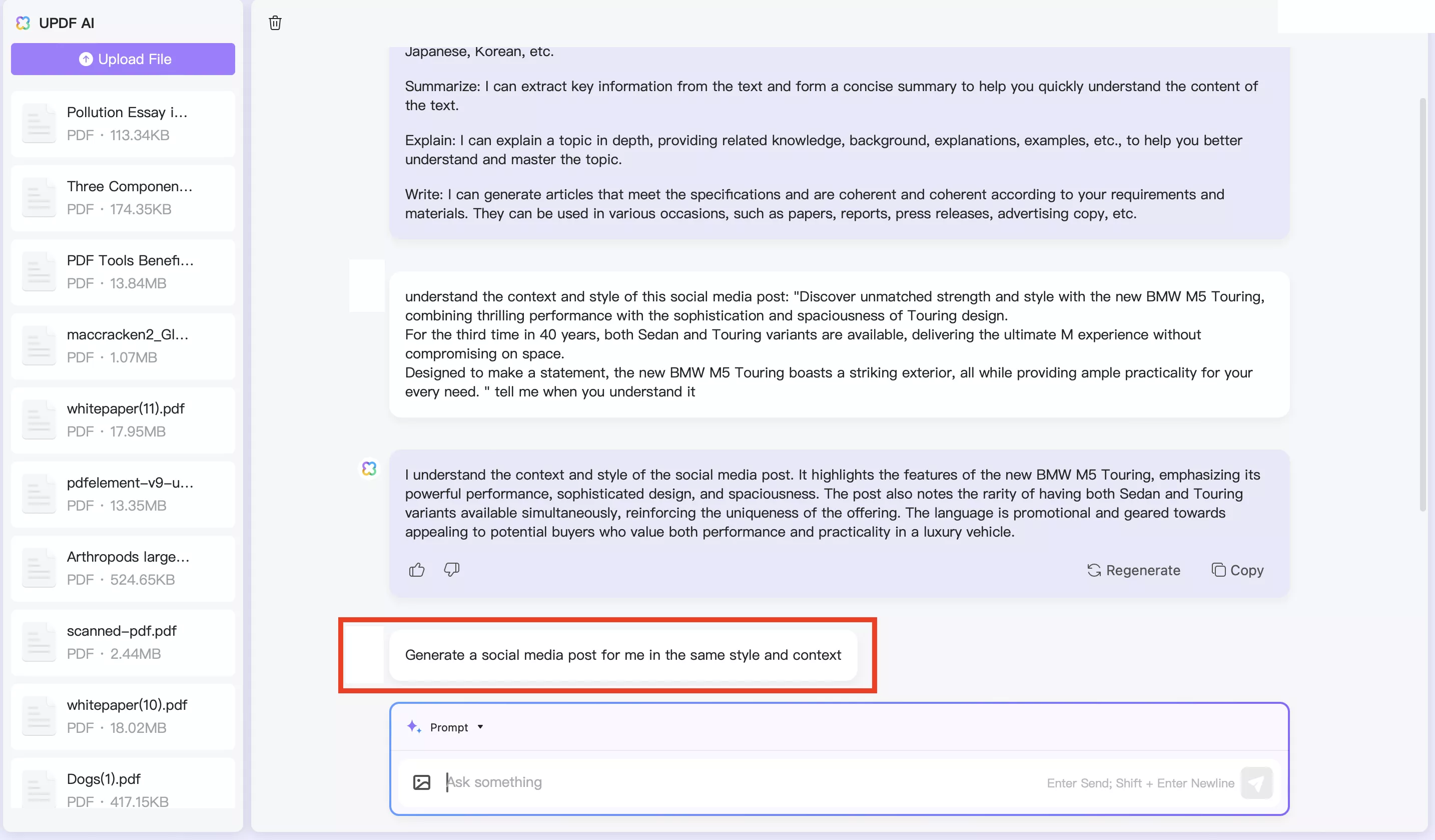 ask UPDF AI helps you generate the post in the same style.