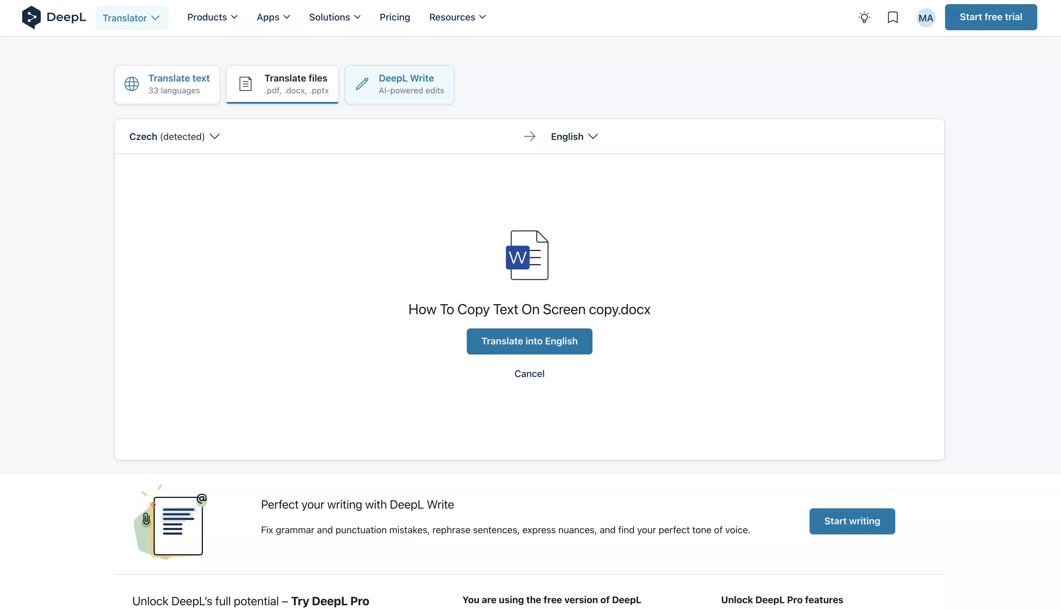 click translate into English with deepl