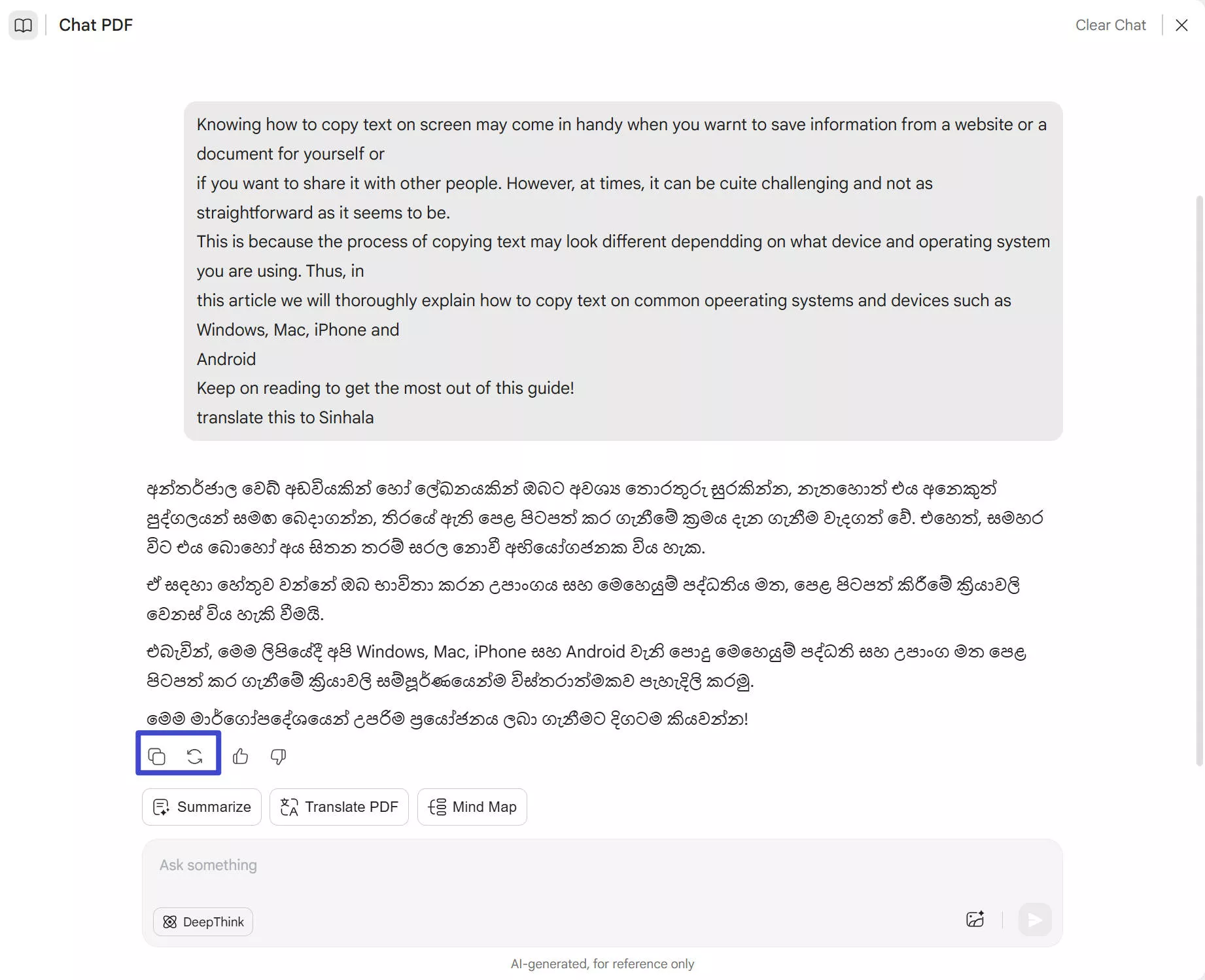 copy the translated content in updf online ai assistant