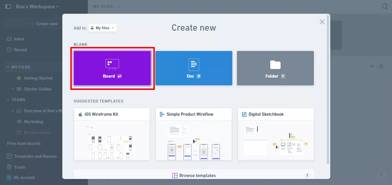 create a new board in whimsical