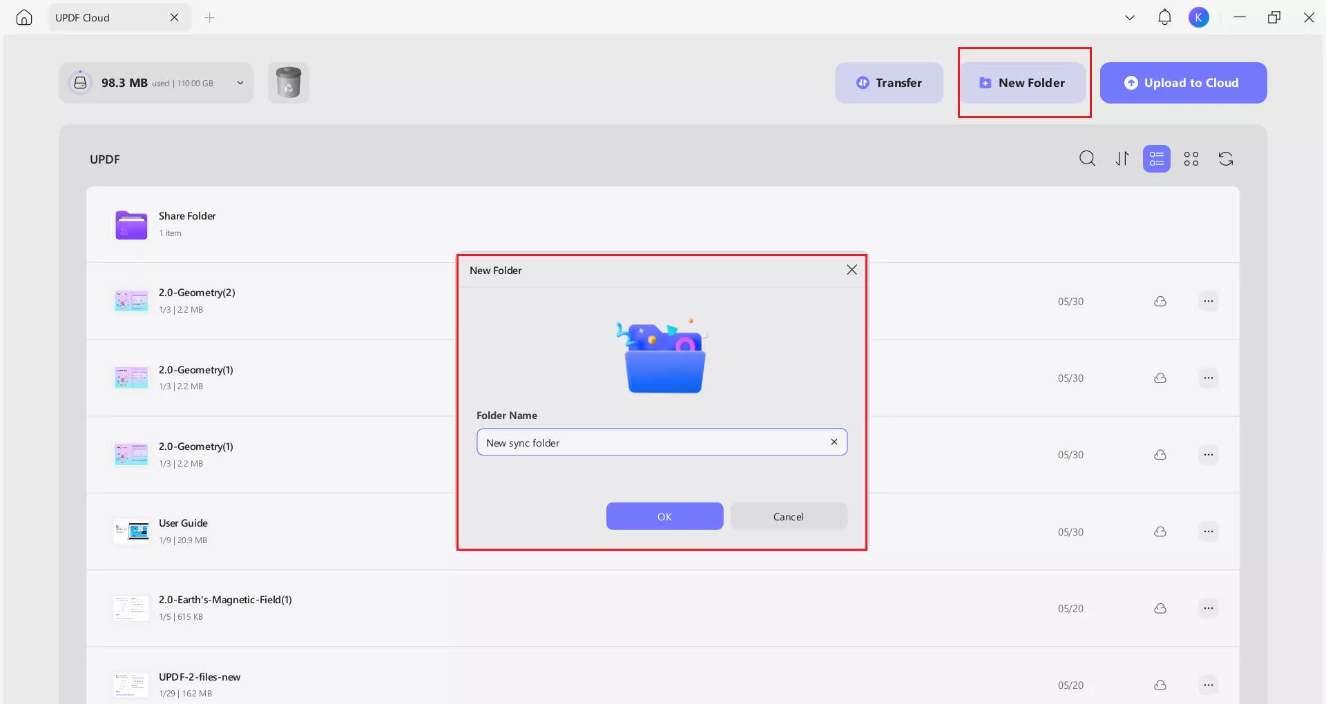 create new folder in updf cloud