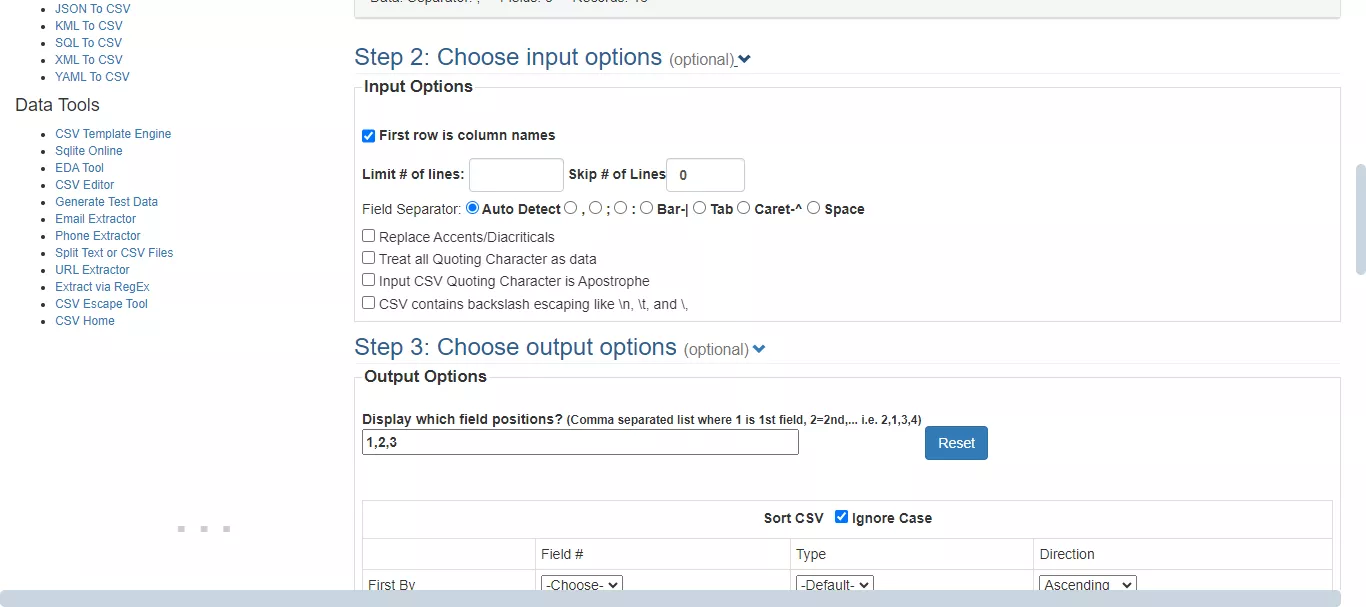  customize input/output options in convertcsv