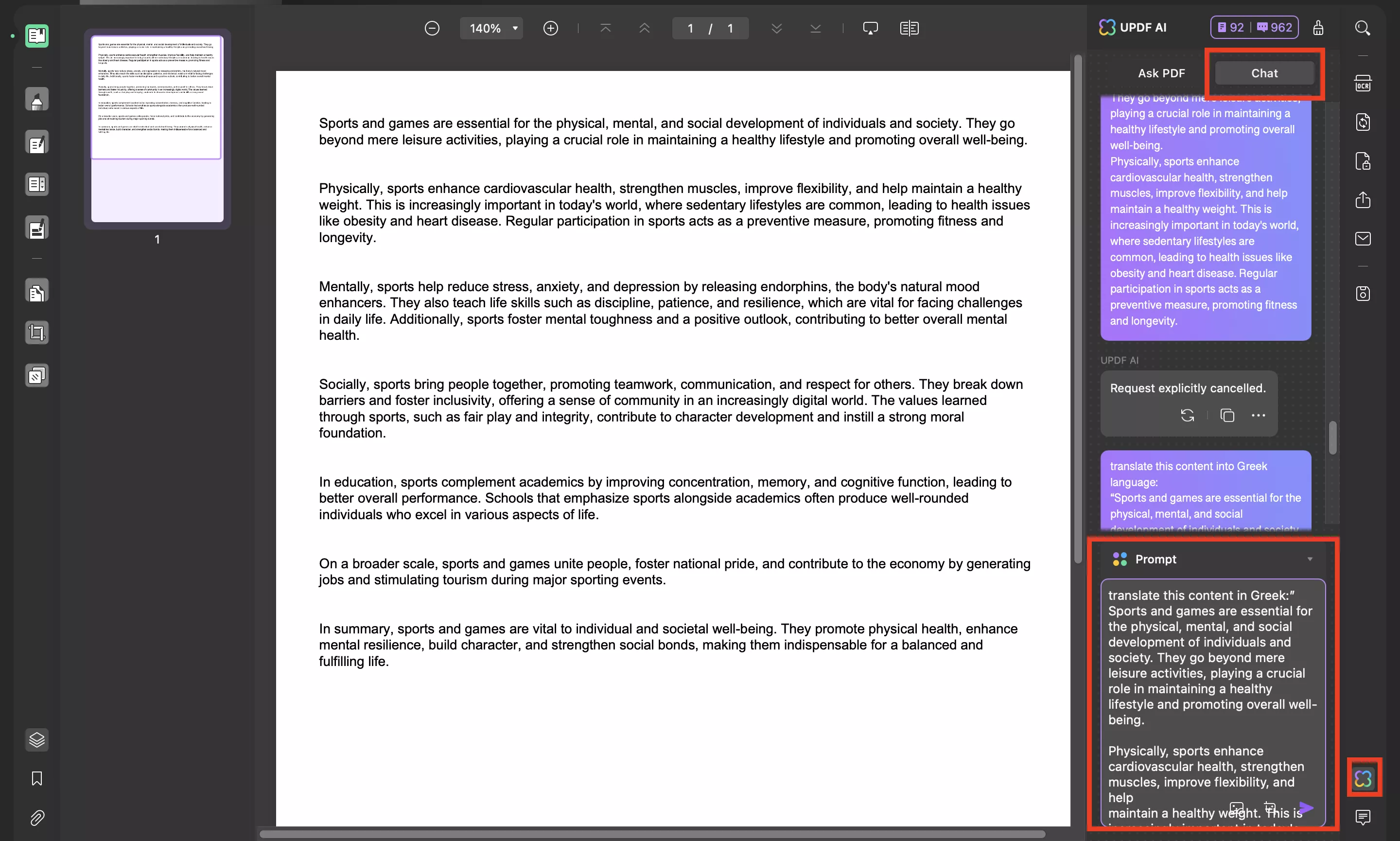 enter the prompt to translate the content into Greek with updf on mac