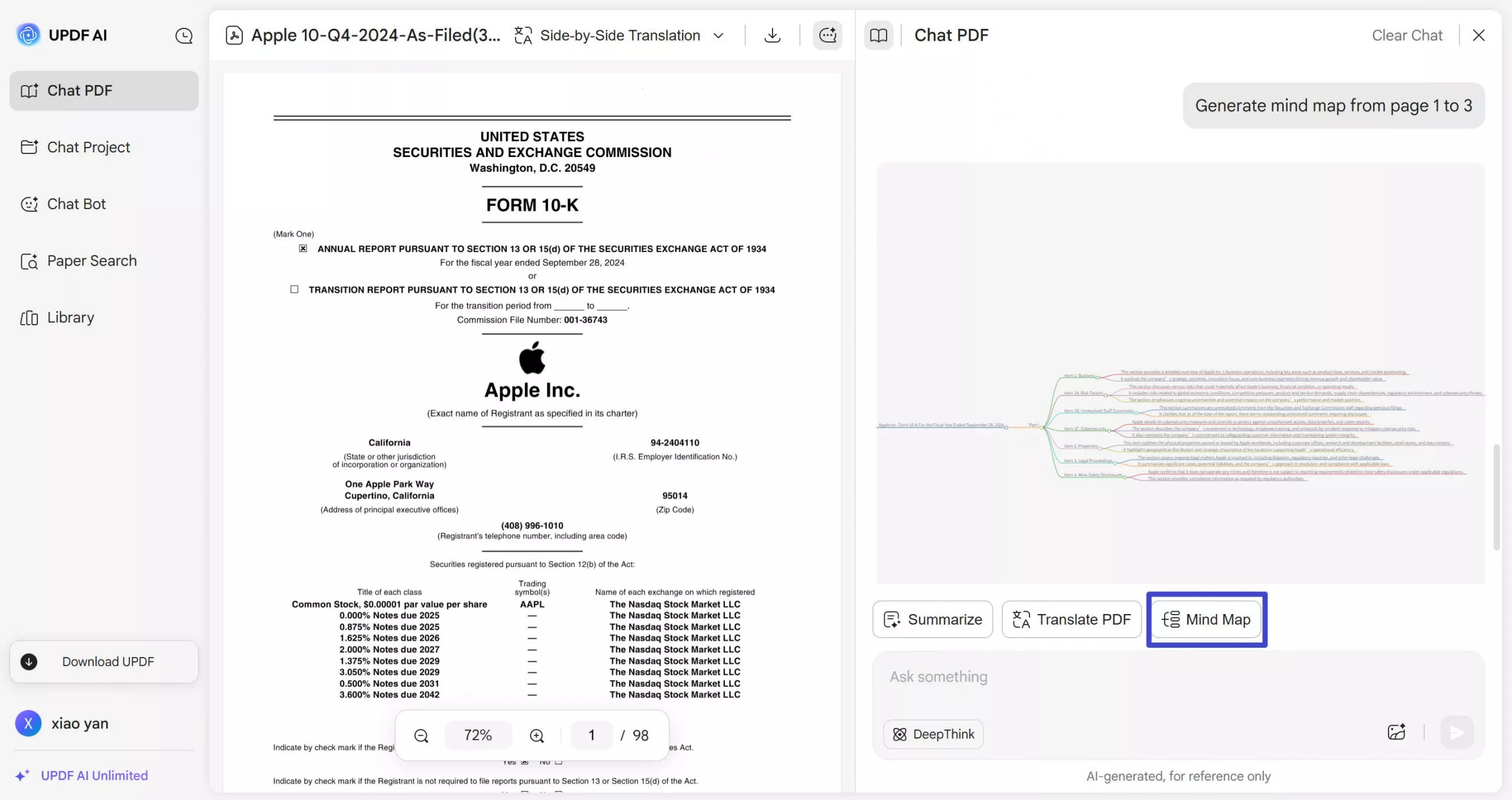 select generate mind map in updf ai online