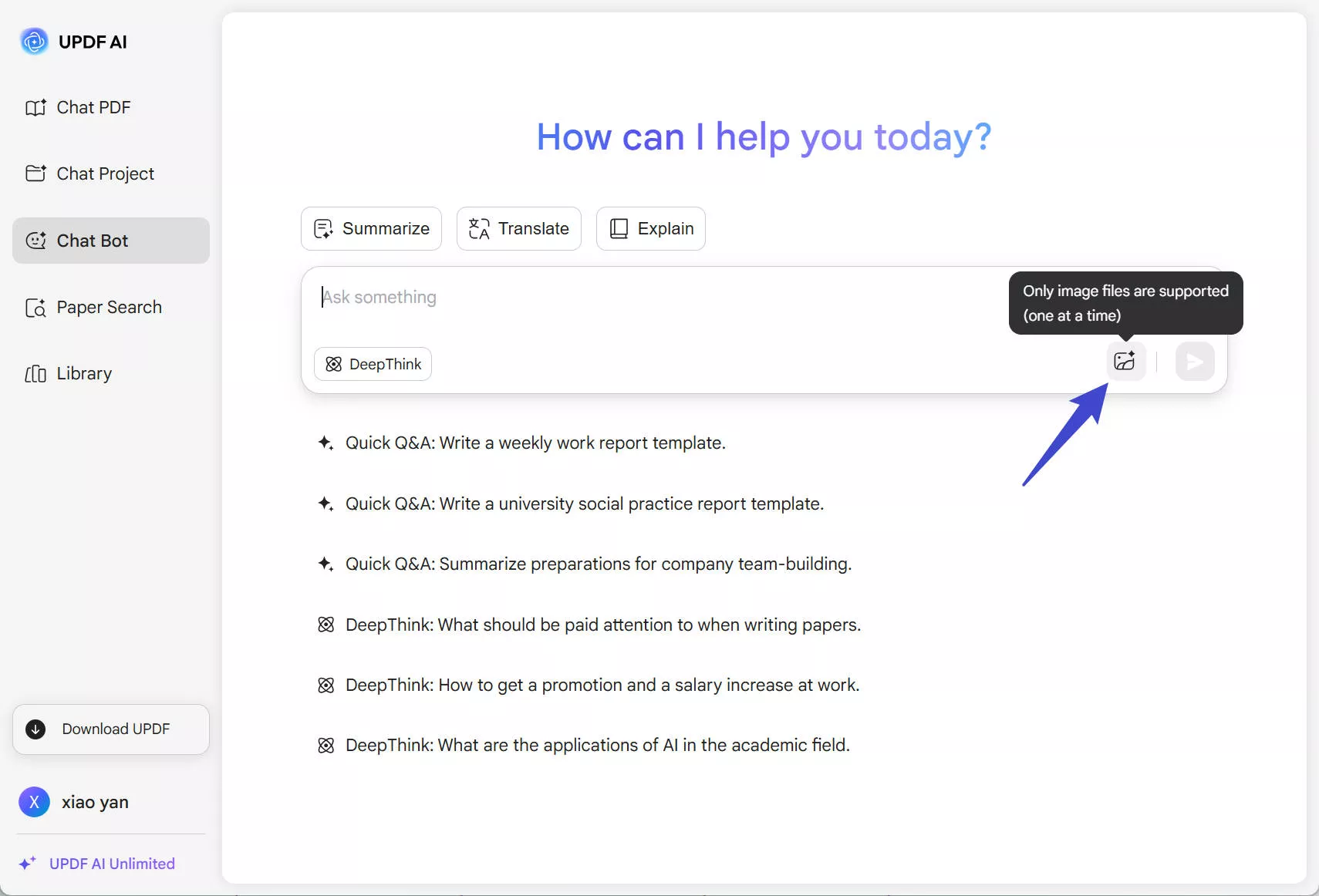 upload the image to updf online ai assistant