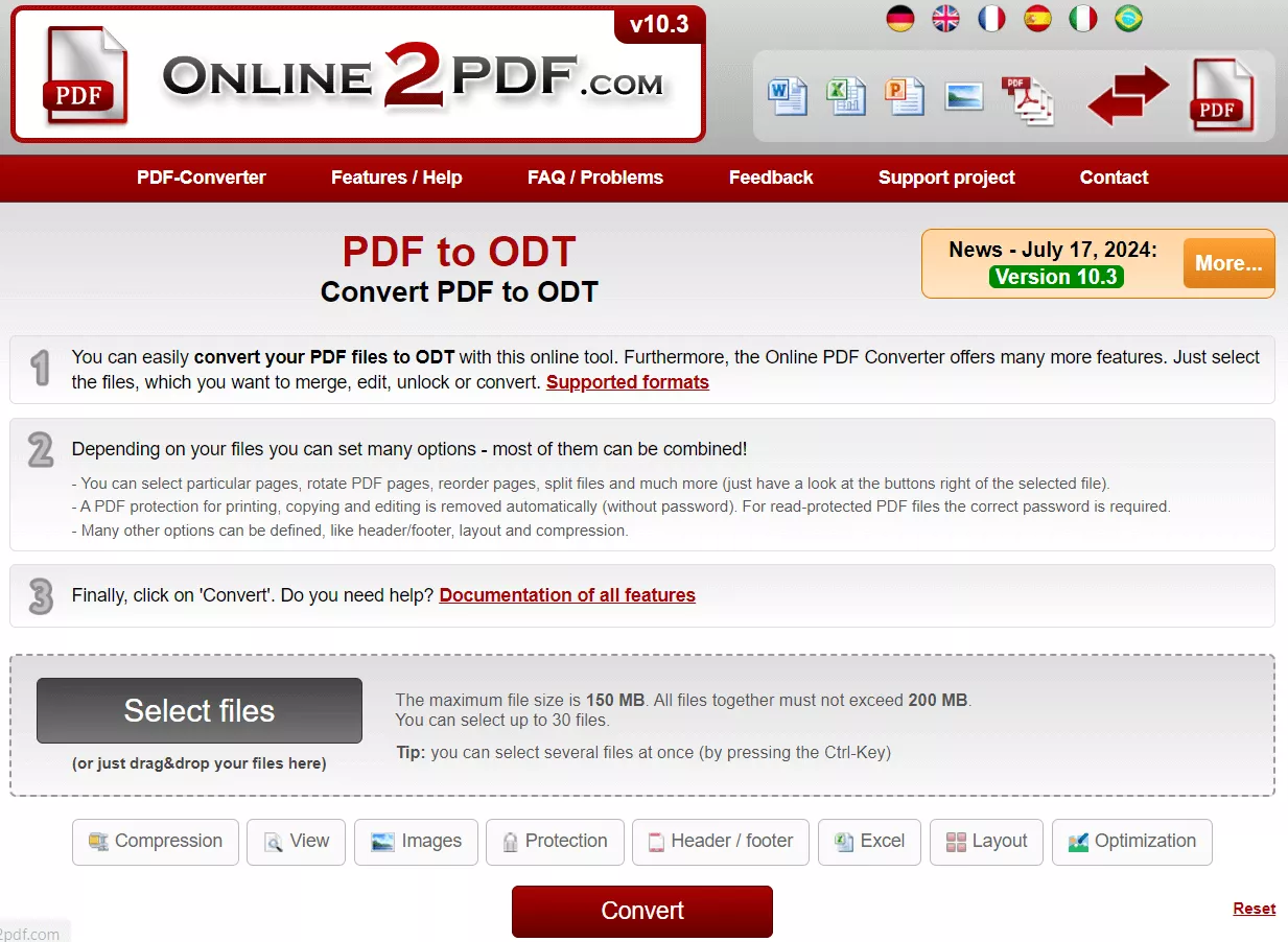 convert PDF to ODT with online2pdf