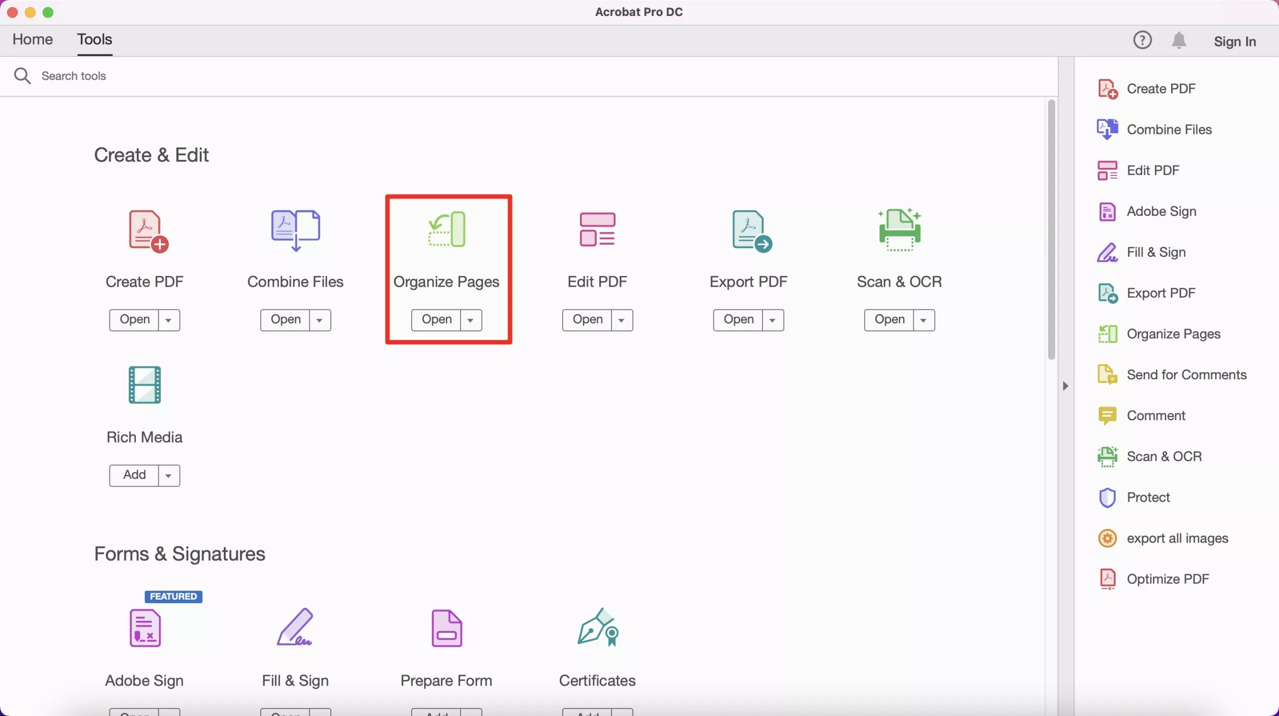 organize page option on adobe