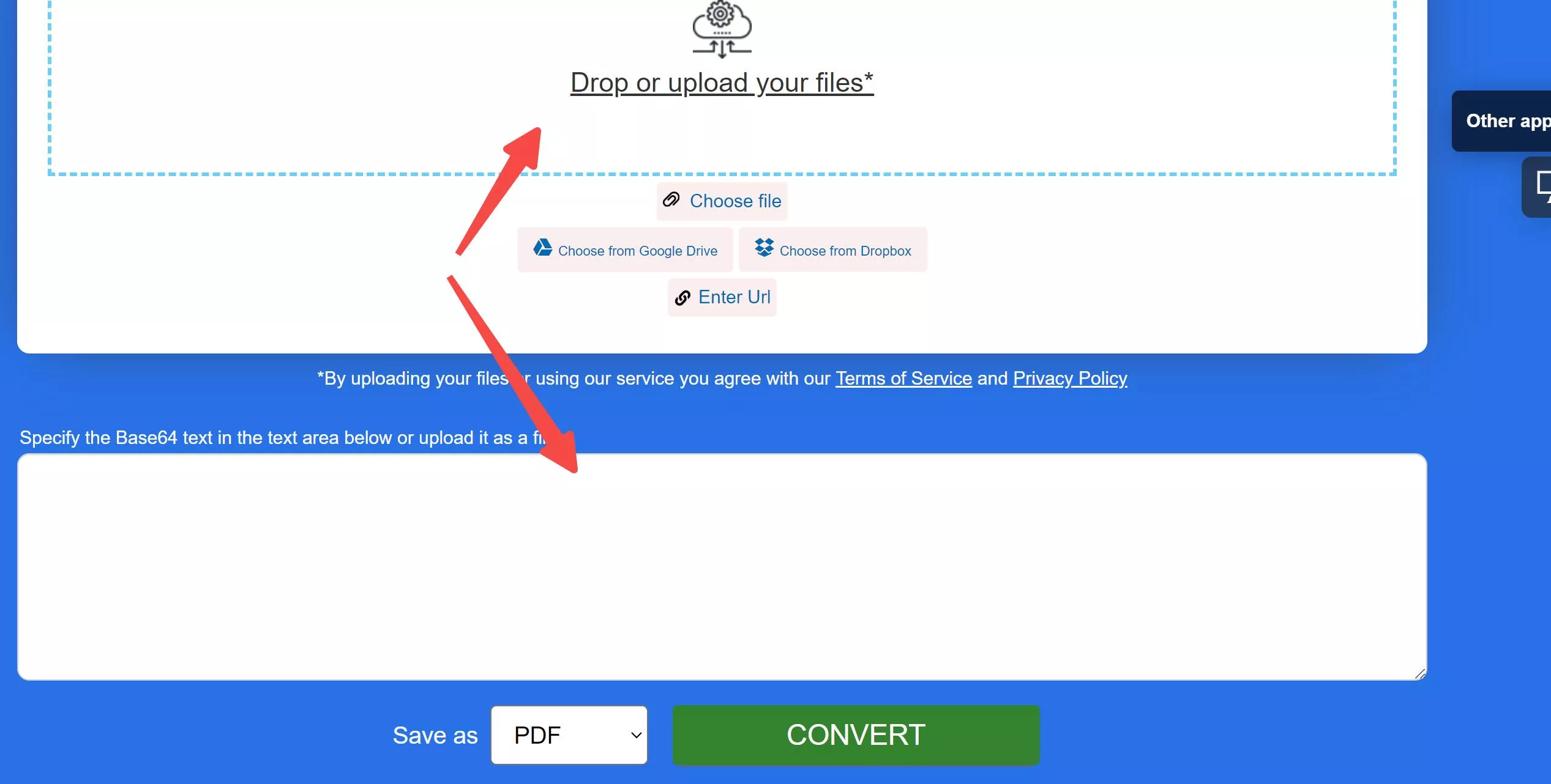 Paste your Base64 string or upload the file in aspose