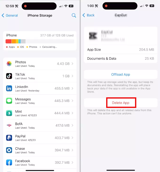 press the delete app button